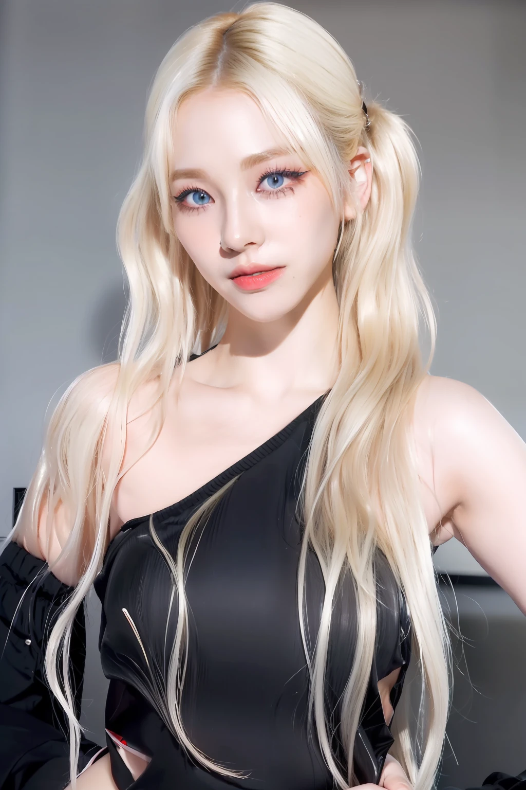 (8k, 4k, best quality, highres, ultra high res:1.1), (masterpiece, realistic, photo-realistic:1.1), 1girl, face, close-up, twintails, blonde hair, black eyes, red lips, (looking at viewer:2), absurdly long hair, long eyelashes, eyeshadow, small face, big eyes,
bare shoulders,
high contrast,