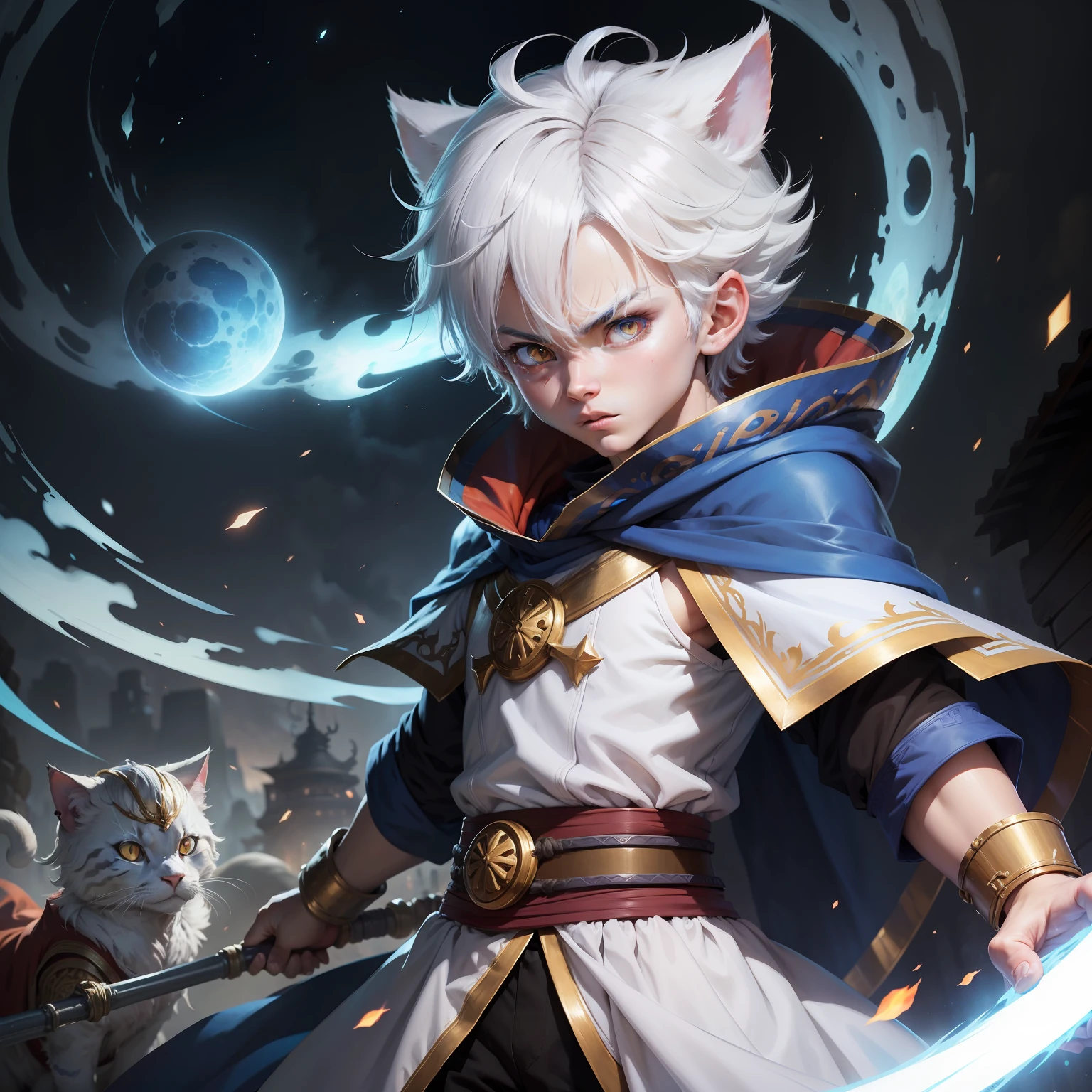 Cat-eared ager,short detailed hair,White hair,salama,with a determined look in his eyes,cloaks,dragonball,Wukong,background blue,milky ways,Perfect quality,Clear focus,extremely colorful,Handsome cute perfect face,Complicated details,ultra-low perspective,wide wide shot,2k