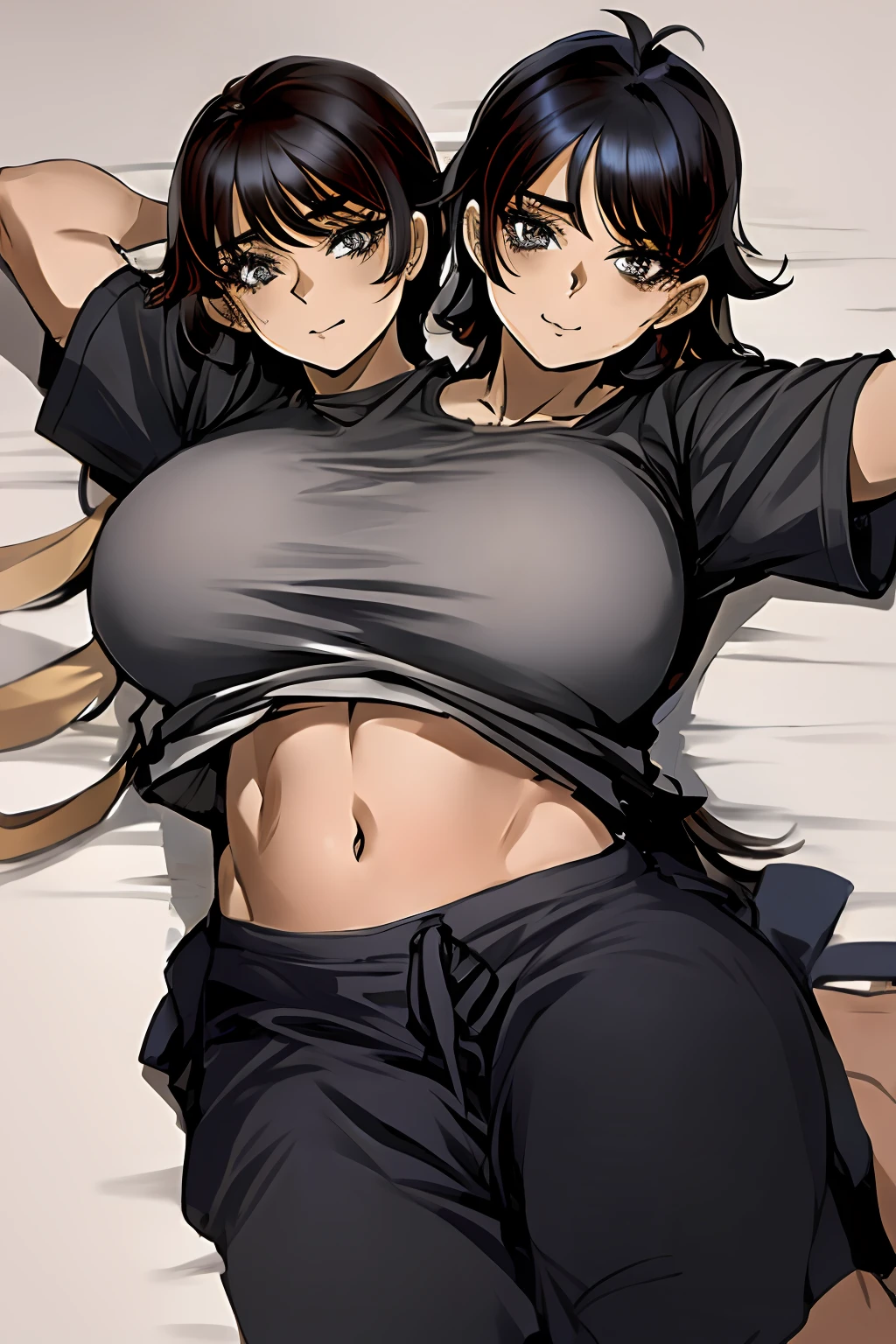 2heads, a short chubby woman with 2 heads. She has gigantic breasts. She looks mature. She is wearing a loose t-shirt and sweatpants. She is laying on a bed. Her breasts are massive. She is blushing. She looks seductive. She looks playful. She has gigantic breasts.