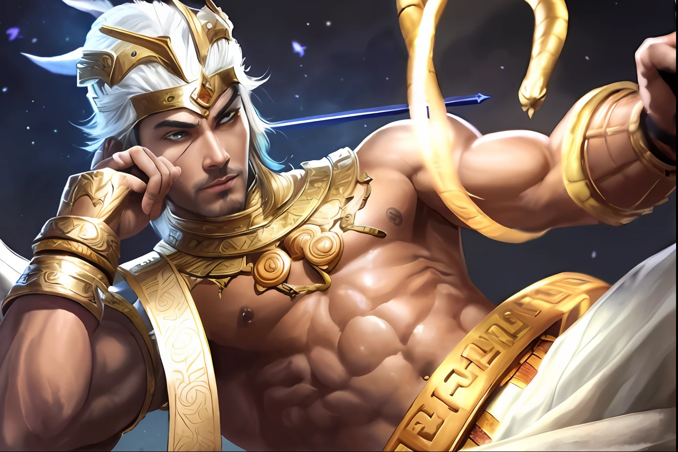 a close up of a man with a sword and a snake, ashoka tano, mobile legends, attractive male deity, greek god, legendary god holding spear, inspired by Kailash Chandra Meher, djinn human hybrid, gilgamesh, inspired by Huang Shen, god of moon, zhao yun, inspired by Yang Jin, zenra taliyah