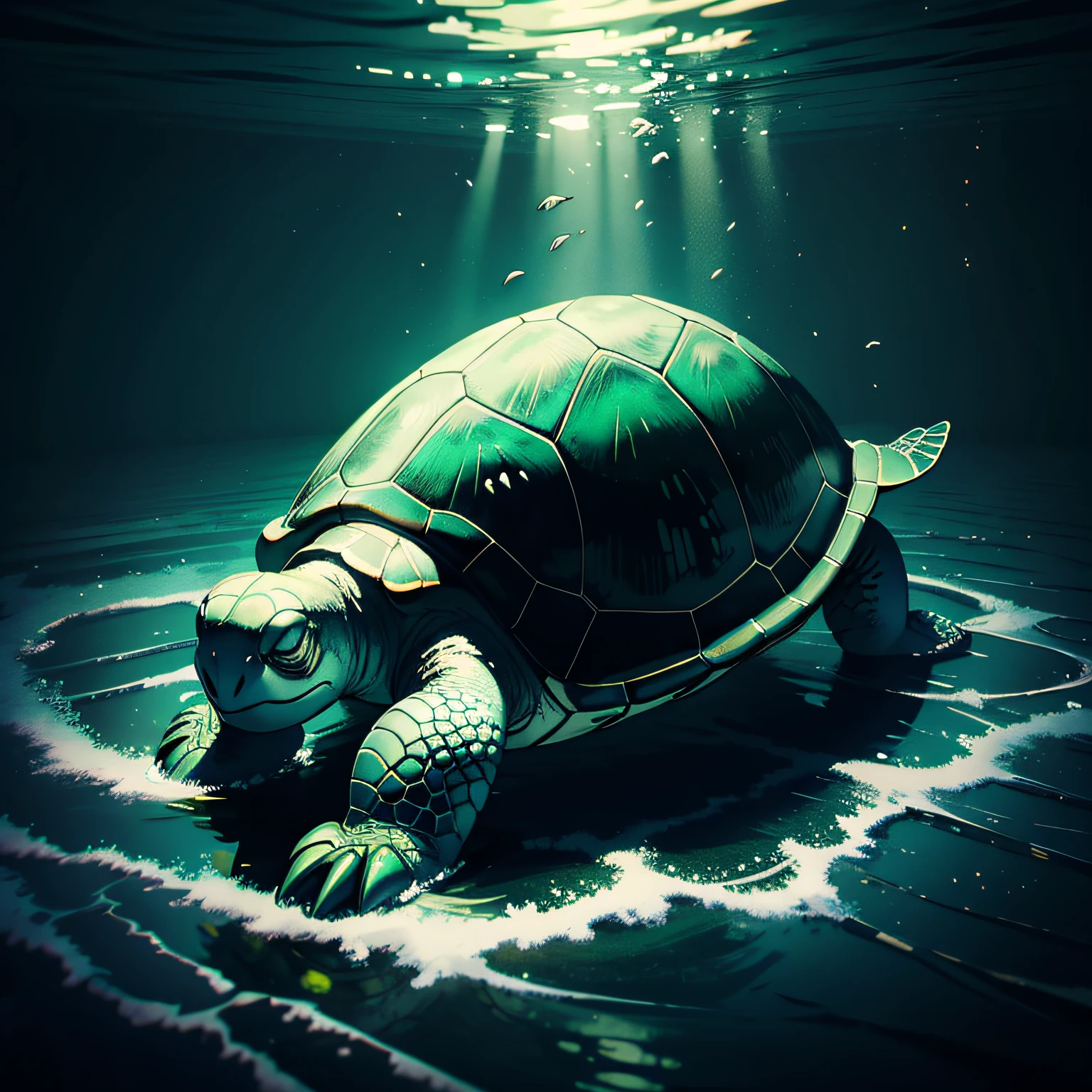 A turtle,Turtle,green color,Under water, hyper HD, Masterpiece, High quality