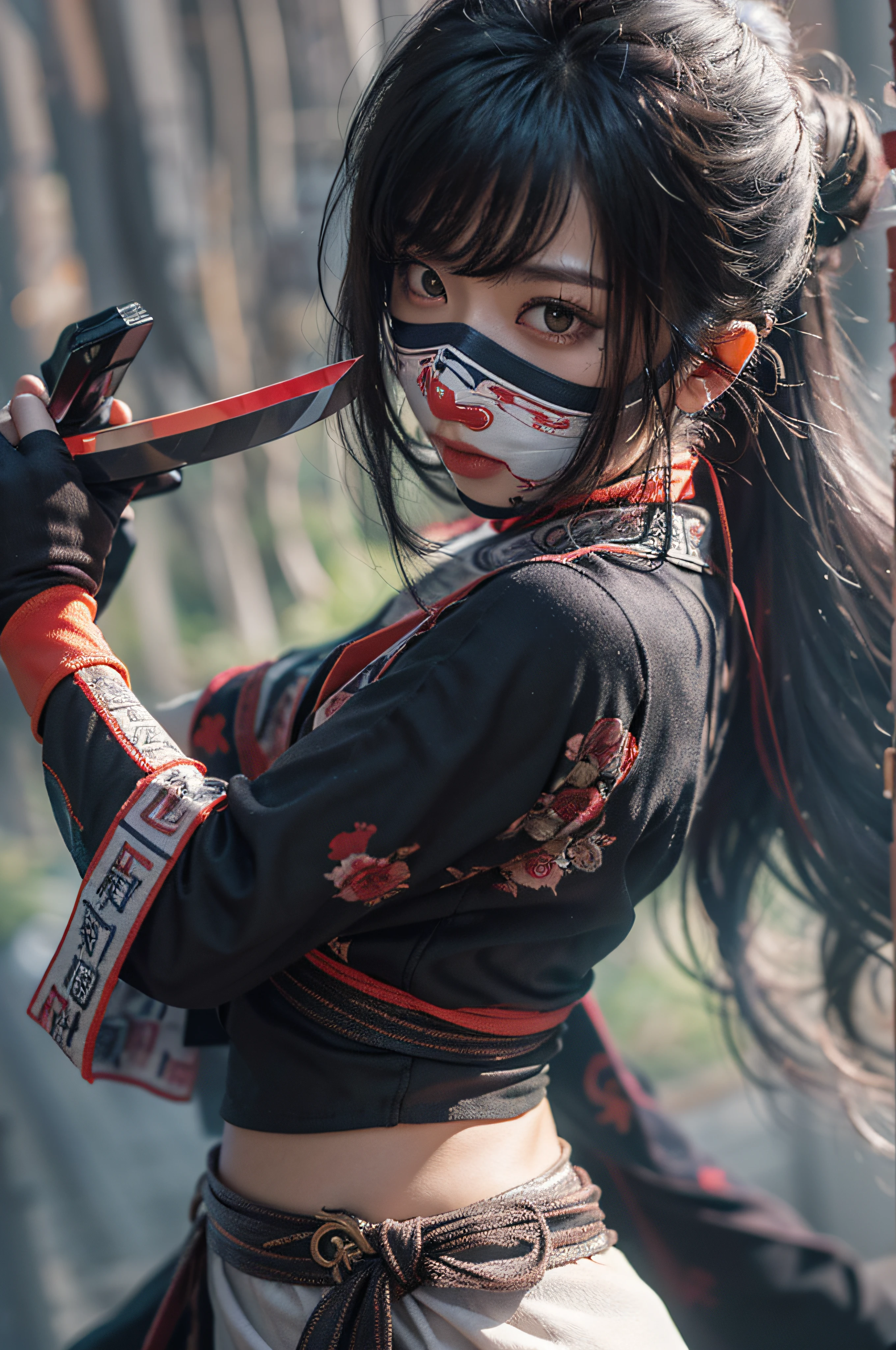 masterpiece, best quality,gorgeous,amazing,epic,1girl,ninja-mask,slim body,kong-fu,black hair,black eyes,Chinese hairstyle,see-through,cinematic Lighting,Accent Lighting,dramatic_shadow,ray_tracing,complex clothes and patterns, fighting,holding knife,hair-bangs,scarf