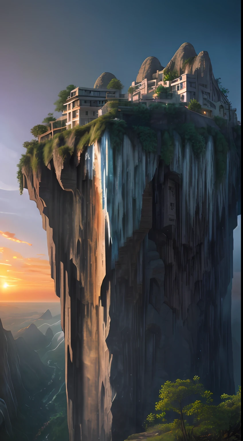 Movie, Relaxation Concept Art, Very Detailed Multiplayer Scene Interactivity, (Man), Woman, Beautiful Artwork Illustration, Detailed Landscape, Highly Detailed Scene, Environmental Design Illustration, Nature, Center Epic Building, Warmth, Night Glow, Original, HDR, (Cliff, Waterfall, Abyss, Rock, Cliff Edge House:1.3), Movie, Slate Grey, Dramatic Light, Architecture, Man Woman, Post-Impressionism, Key Vision, Biophilic Tanzania Bridge, At Twilight, Hair Light, Hearthstone artwork, Unreal Engine