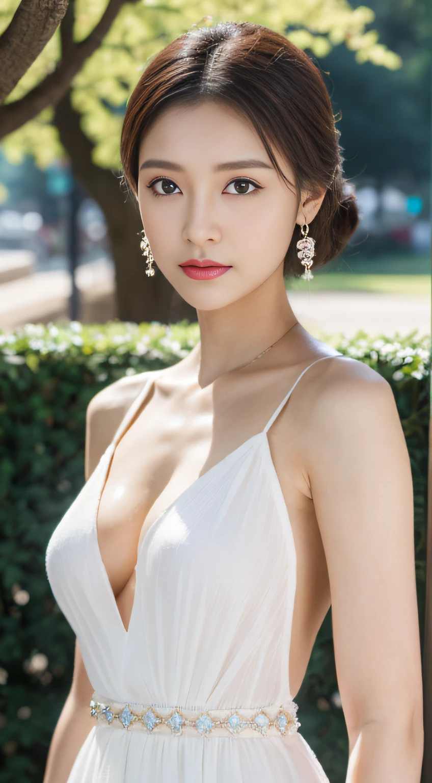 ((Realistic lighting, masutepiece: 1.3)), (Raw photo:1.2), Hyperrealist portrait gorgeous beautiful mature woman, 30 years old, beutiful breast, Perfect body, ((White smooth skin: 1.6)), ((wearing luxury dress), (Luxury Jewelry)), Beautiful greedy eyes, Very detailed eyes and face, Attractive serious face, (Heavy makeup: 1.5), (Standing Pose), Chignon hairstyle, Best Quality, 8K, Professional Photography, Park background, Full body