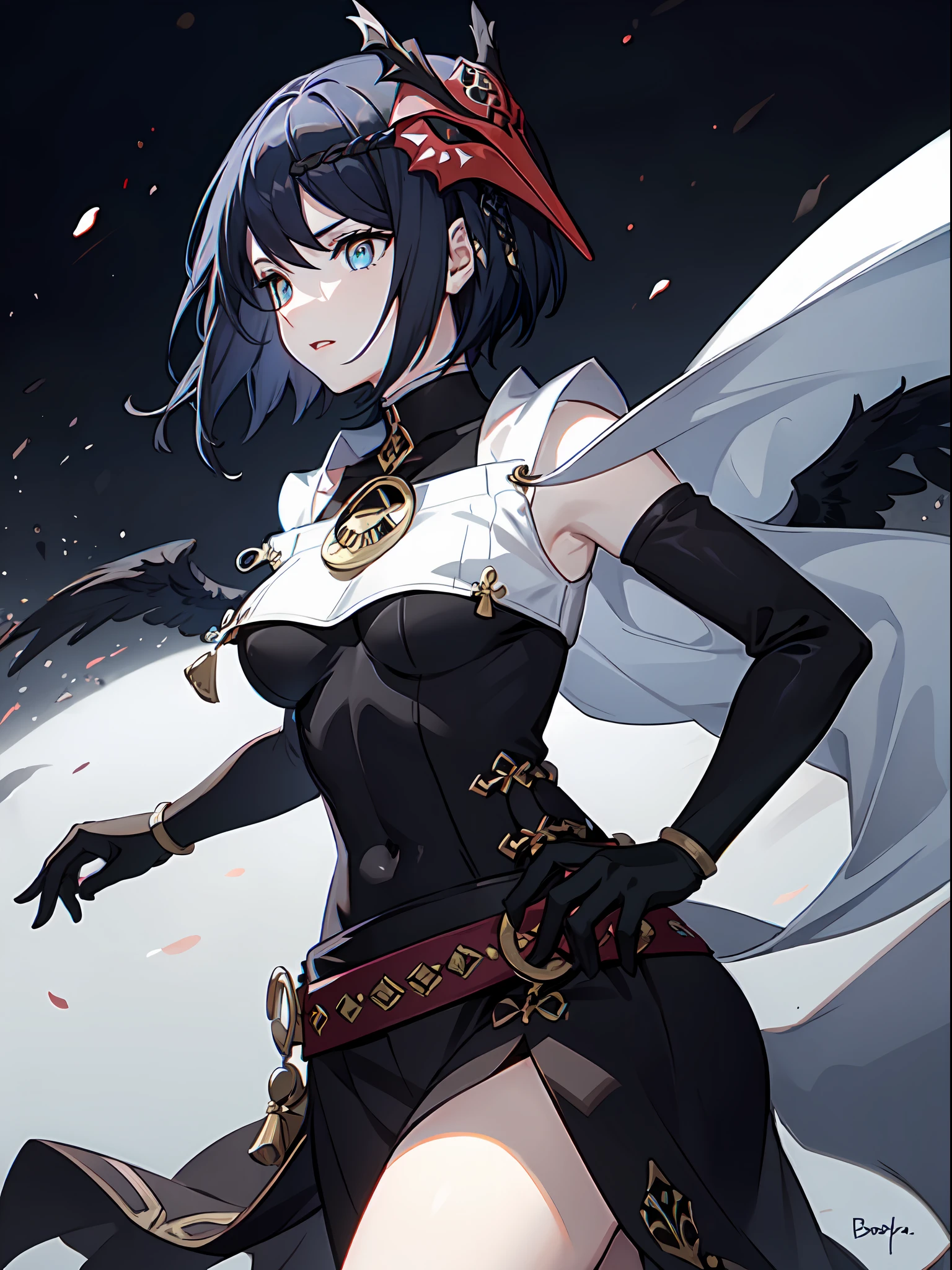 female, (solo:1.2), ((masterpiece)), ((pale skin)), ((detailed eyes)), (bokeh effect), (dynamic angle), dynamic pose, dark blue hair, short hair, red tengu mask, serious, yellow eyes