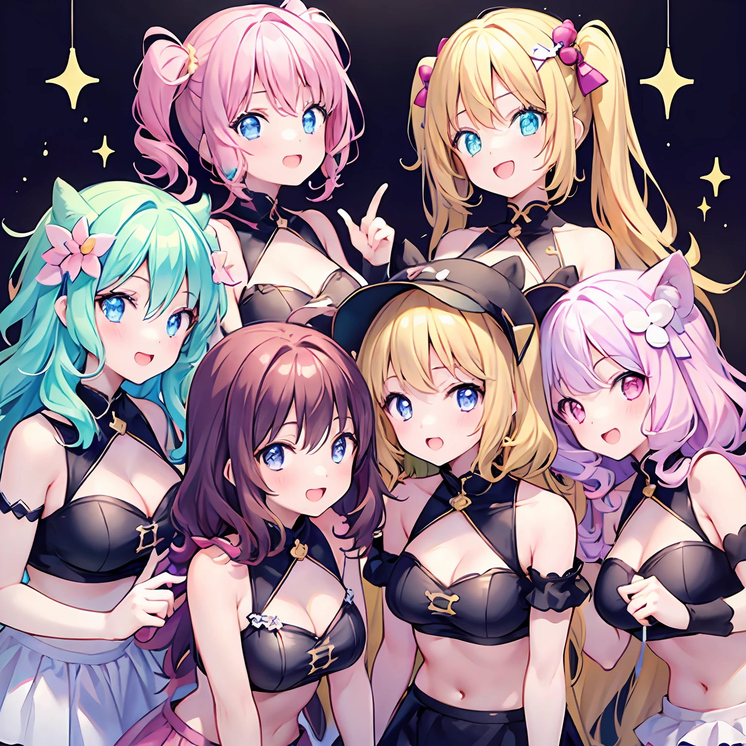masterpiece, (2girls and 2girls and 2girls and 2girls as a rock band), idol, big eyes, kawaiitech, kawaii, cute, pastel colors, best quality, happy, deep background, symmetrical, tilted head, summer