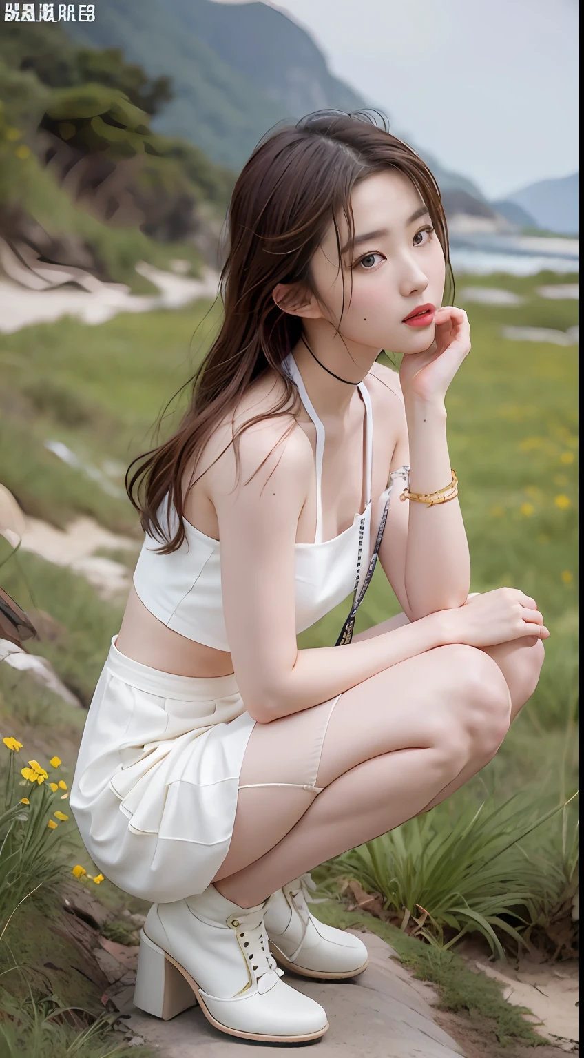 NSFW, 8K Raw photograph, best qualtiy, tmasterpiece, 超高分辨率, filmgrain, cinematic ligh, 1girll, looking at viewert, Natural skin texture, Realistic Eyes and Face Details, full pouty lips, lipsticks, (putting makeup on), Red eyeshadow, Short fluffy hair, messy hair, ssmile, Rejoice, beautifullegs, Tall women, being thin, Slim_Legs, 独奏, Brustwarzen, Pose with your hips facing you, Superskirt, hindquarters, Beautiful natural location, Location of flowers around, (detailedbackground) , Show a little through the shirt, Footwear, vague background, bblurry, halter,, short- sleeved, The ribbon is around the neck, JK ribbon, brown hair, bangle, Eau, By bangs, jewely, parted lip, cparted lips, From the side Side, Printed silk skirt, depth of fields,beachside,zona rural,Suspenders,are standing,