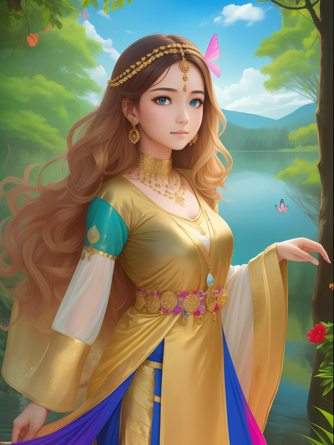 1 girl, esthetic and delicate beauty with half back little wavy gold shining hair, gold modernized royal India costume, background is in forest that have lake, blue sky, rainbow, cloud, flying magic butterfly, glow diffuse light, cool breeze, detail, masterpiece, high quality