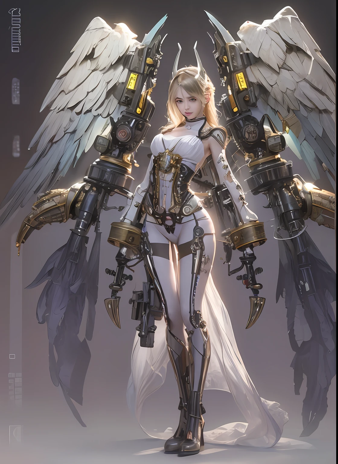 top-quality、masterpiece、超A high resolution、(Photorealsitic:1.4)、Raw photo、女の子1人、a blond、glowy skin、1. Steampunk Angel Cyborg、large metal wings、((super realistic details))、portlate、globalillumination、Shadow、octan render、8K、ultrasharp、Colossal tits、Raw skin is exposed in cleavage、metals、Details of complex ornaments、Steampunk details、Hydraulic cylinder、highly intricate detail、Realistic light、CGSoation Trends、a purple eye、radiant eyes、Facing the camera、neon details、Mechanical limbs、blood vessels connected to tubes、Mechanical vertebrae attached to the back、mechanical cervical attaching to neck、cowboy shot、Wires and cables connecting to the head、Sumerian details、Small LED lamp、