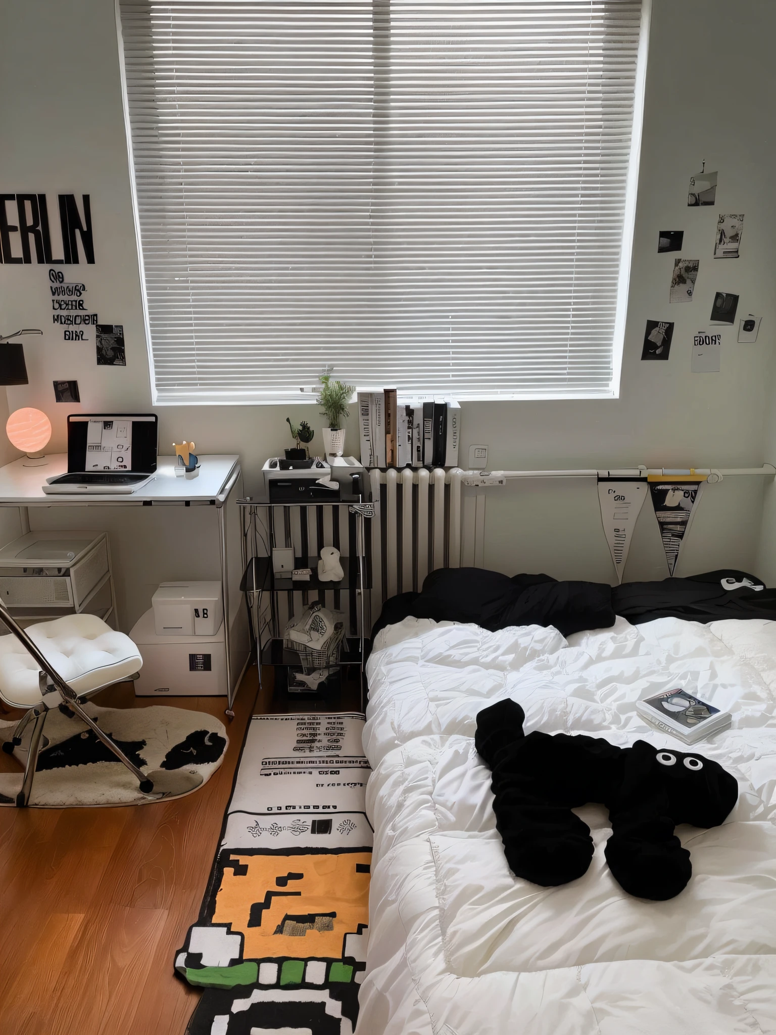 There is a bed in the bedroom,There is a stuffed toy on it, Small room, cute room, cozy room, apartment of an art student, small room in tokyo, small bedroom, clean room, in small room, small and cosy student bedroom, studyng in bedroom, designed for cozy aesthetics!, a room, cozy environment, A bright room, 9 0 s bedroom