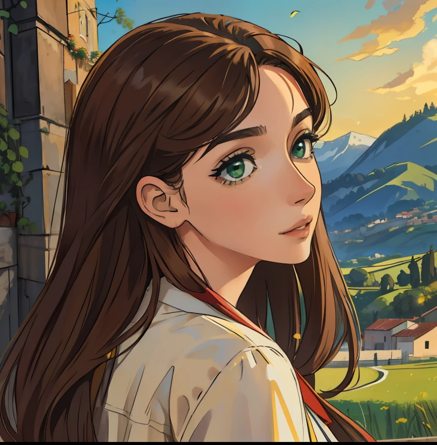 (obra-prima, melhor qualidade), detalhes intrincados, 8k, art-station, papel de parede, Arte Oficial, Arte Splash, foco nítido,
 1Woman, long straight hair, light brown hair, looking back, green eyes, Italy in the background landscape, looking back