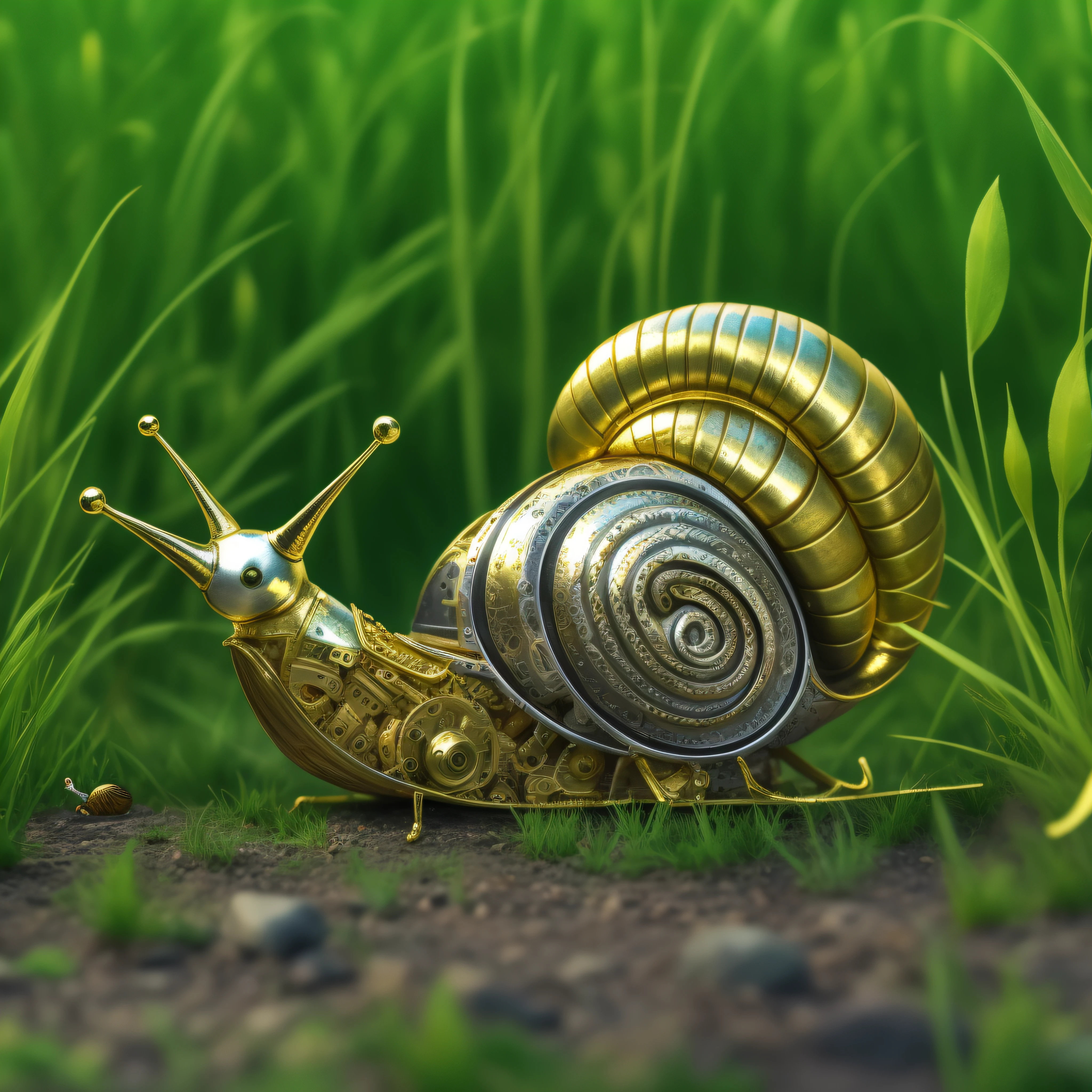 mechanical snail made of gold and silver material, into the grass , detailed mechanicals neon parts visible, full body view, UHD 8K.