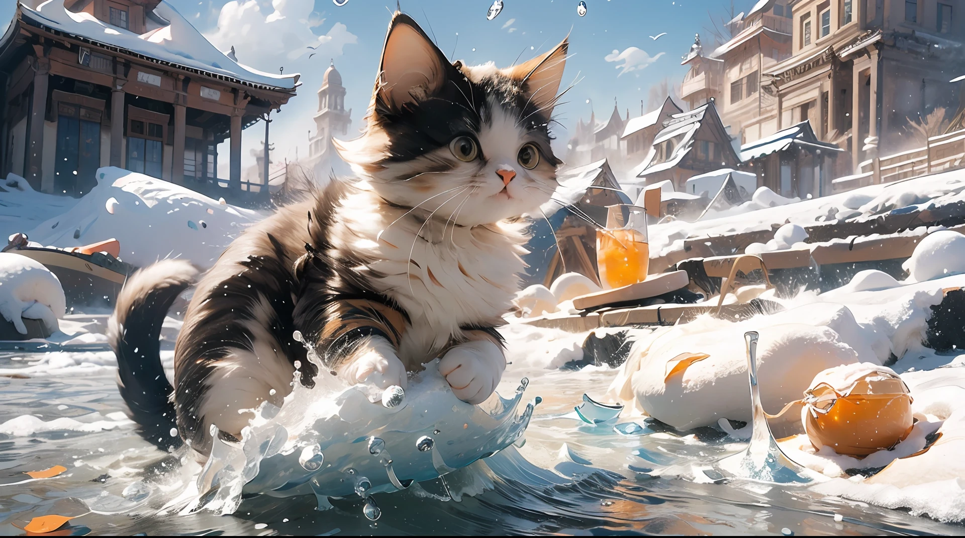 (Masterpiece:1.2, high quality),cat,snow,boat, snow mountain,jumping high,cute,(orange and white short hair),ancient structure,ancient temple,glass,broken glass