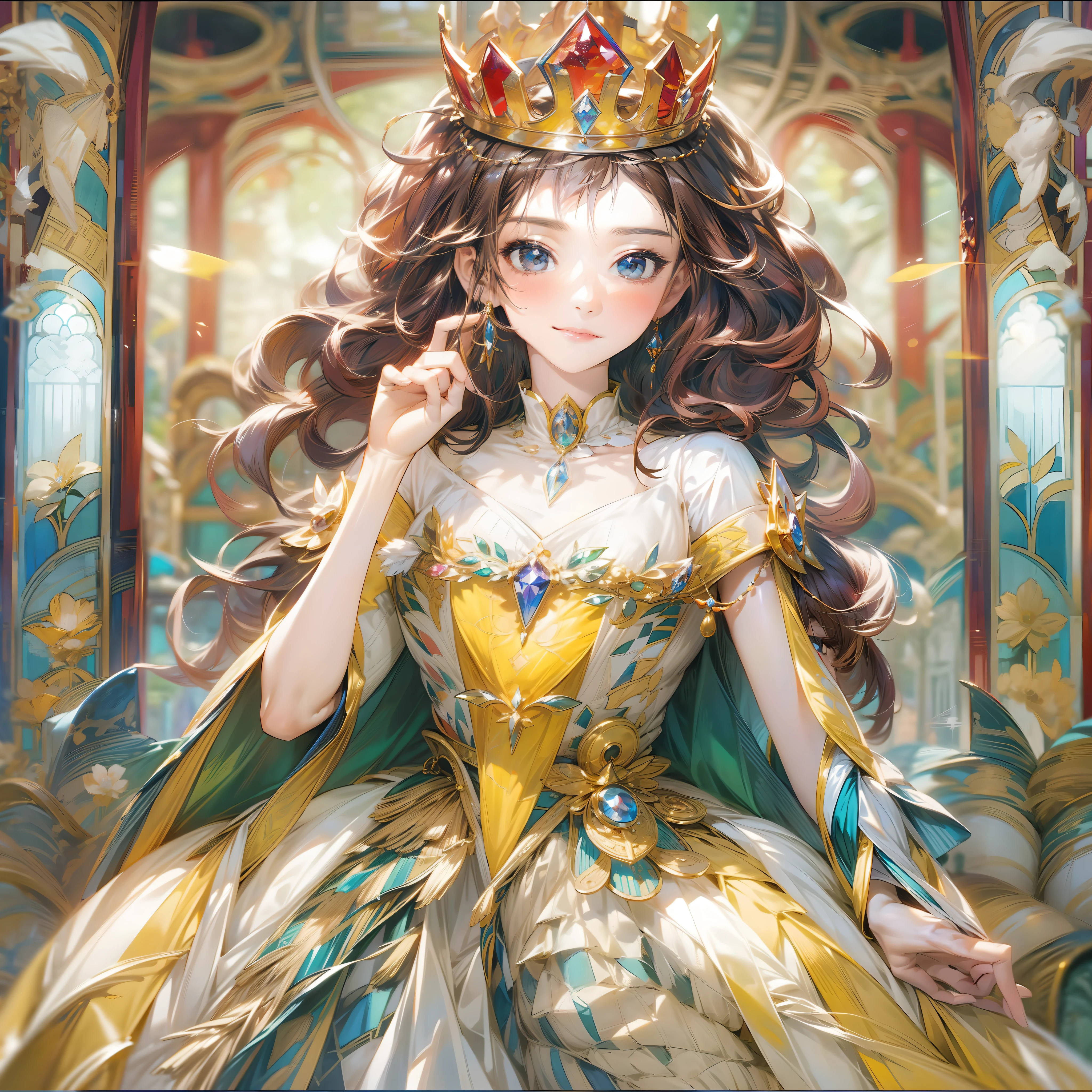 8K、An illustration depicting the glory of the queen in ultra-high definition detail。The subject is１A dignified woman of man、Dressed in a queen's costume。She wore a gorgeous dress、It carries a glamorous crown on its head。Long hair is luxuriously put together、The inner color shines colorfully。

The background is a luxurious palace、It is beautifully decorated to symbolize the glory of the Queen.。Magnificent stained glass reflects light、Beautiful flowers々and carved rooms are painted。

The pose expresses the majesty and elegance of the queen.、I have a scepter in my hand。With a confident look、Looking around。

The costume is a luxurious dress that symbolizes the glory of the queen.、It has a gorgeous design。Crowns and jewels are used luxuriously、Highlights the majesty of the Queen。

The expression gives the impression of grace and nobility、The majesty of the queen is felt。Her gaze combines strength and intelligence。

The composition is centered on the subject.、A luxurious palace is depicted in the background。The presence of the queen dominates the whole。

The palace's stained glass and candlelight illuminate the entire illustration.、Highlights the glory of the Queen。

The color is gorgeous、Dresses and crowns、The decoration of the palace is vividly painted。The inner color also shines colorfully.。

The effect depicts the beautiful decoration of the palace and the reflection of light、The glory of the Queen is even more pronounced。

Background effect for palace stained glass and sculptures、Beautiful flowers々is placed、The Queen's glory and pomp are emphasized。