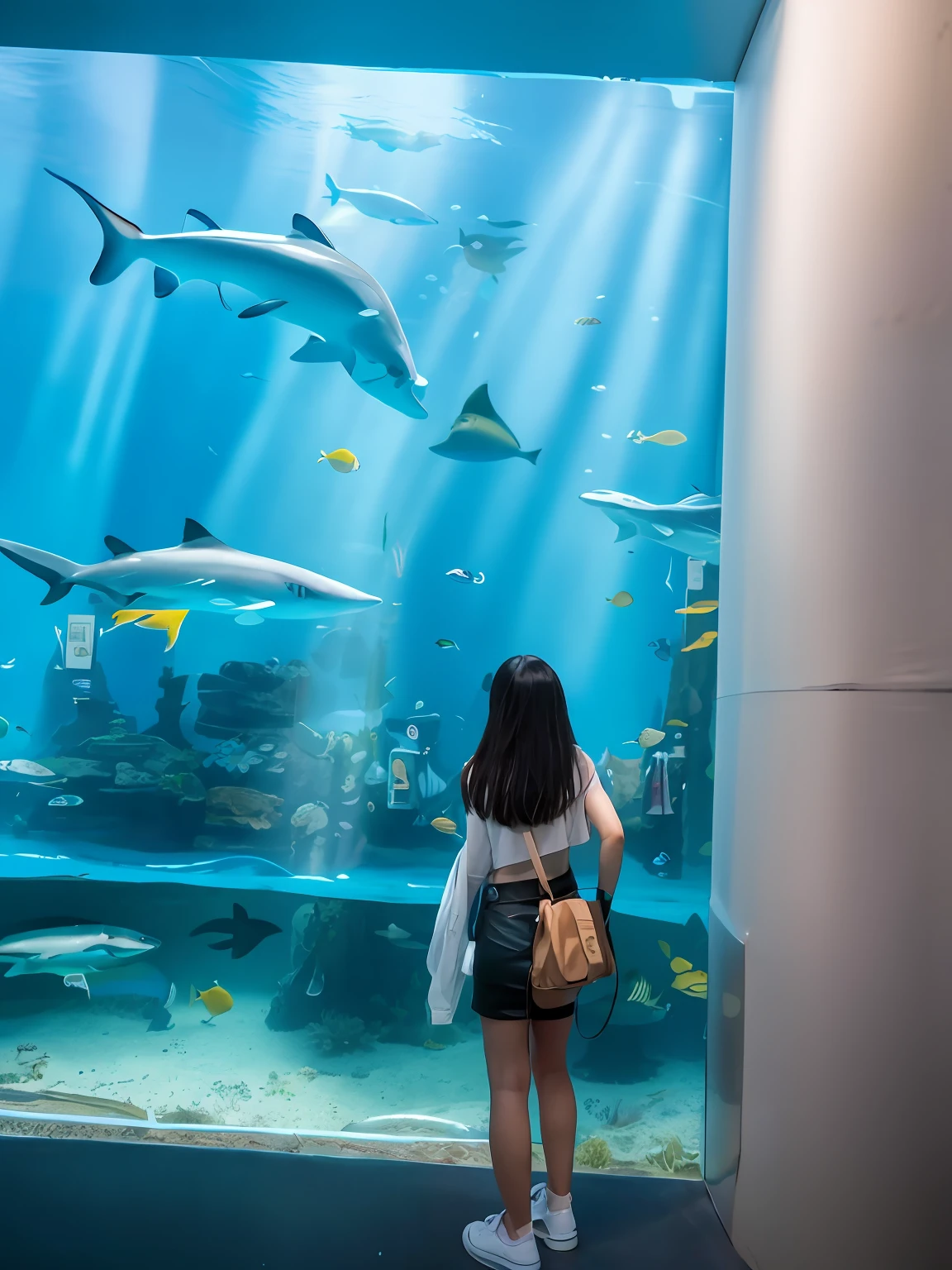 Woman looking at a large aquarium with sharks, big aquarium, standing under the sea, Aquarium, see fishes swimming, A huge glass jar, okinawa churaumi aquarium, fish in the background, 🦩🪐🐞👩🏻🦳, photograph taken in 2 0 2 0, you see fishes, amazing depth, Atlantis in the background