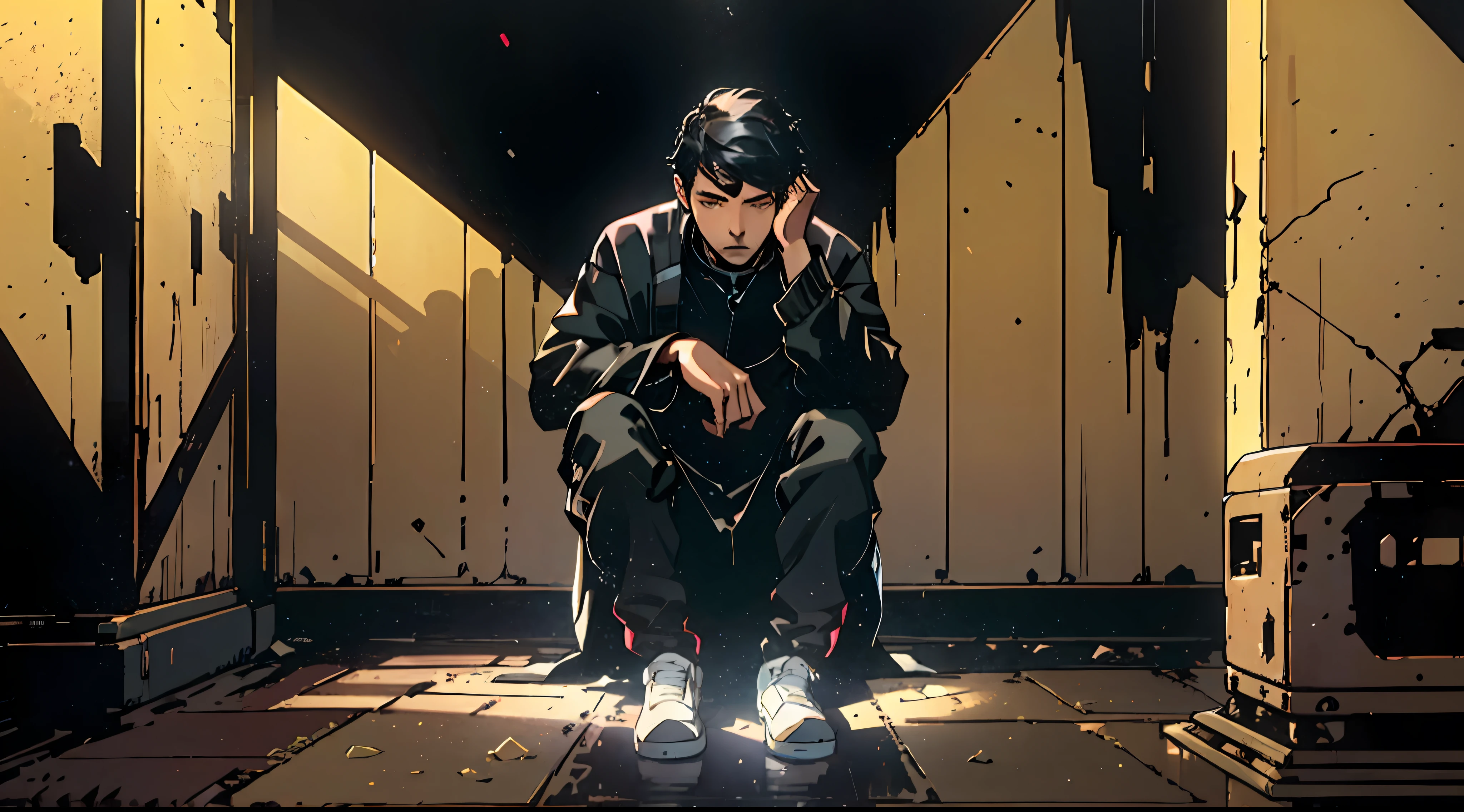 A boy in black clothes sits on the floor in the dark, A sad room with light on top of its head. Completely black background. Medium Hair, Hair falls over the eyes, on the knees