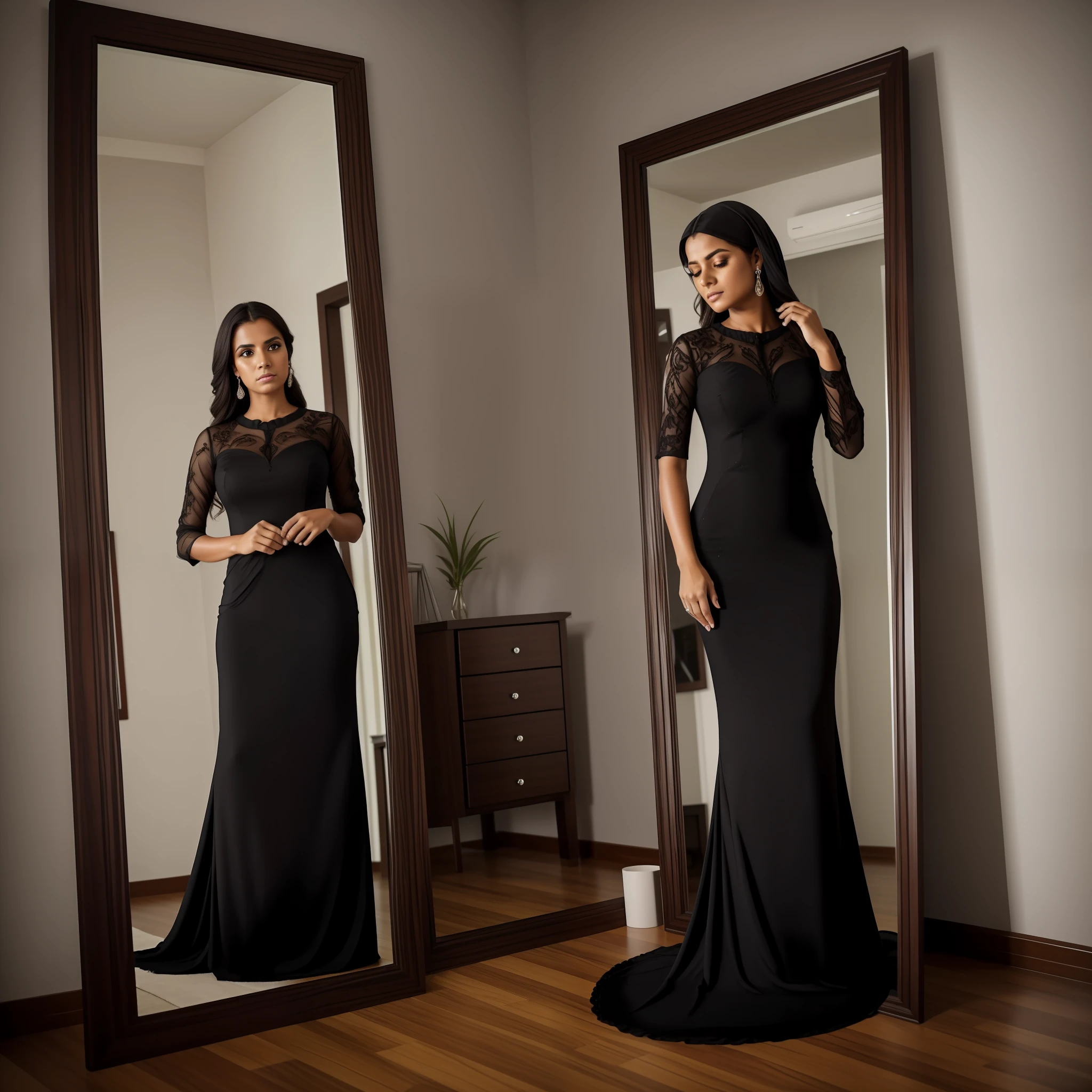 Mulher ligeiramente rechonchuda, seios pequenos,,,. Looking at yourself in the mirror with sadness with tearful eyes, quarto, vestido longo preto preto, Em casa, imagem detalhada