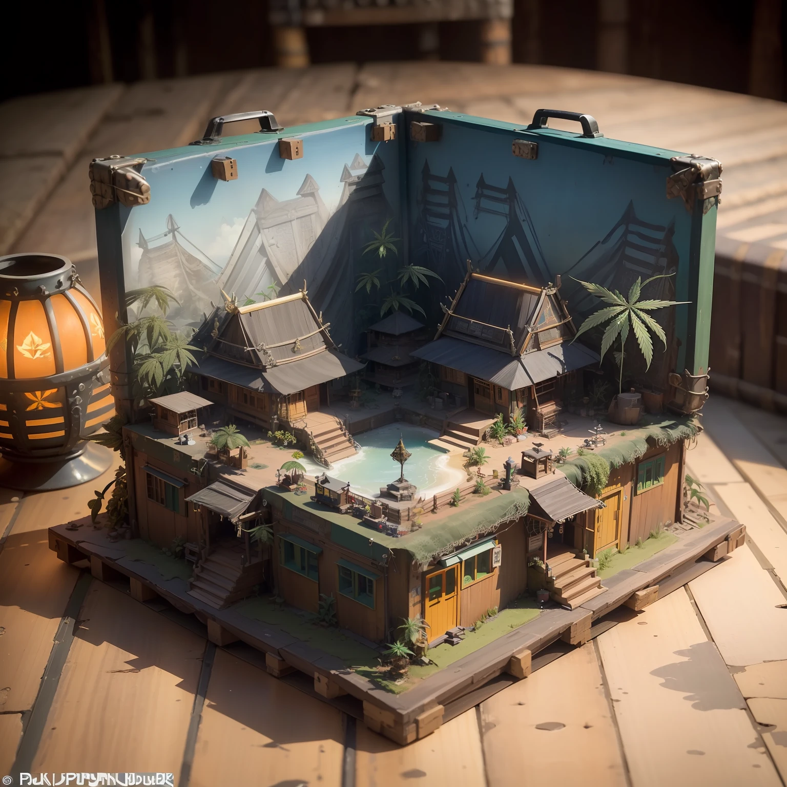 mini\(ttp\), (8k, RAW photo, best quality, masterpiece:1.4),(cannabispunk:1.5),Lots of connecting pipes,(balipunk:1.5),(balipunk light:1.2),on desk,in a miniature box,isometric, miniature, landscape on foundation, landscape,