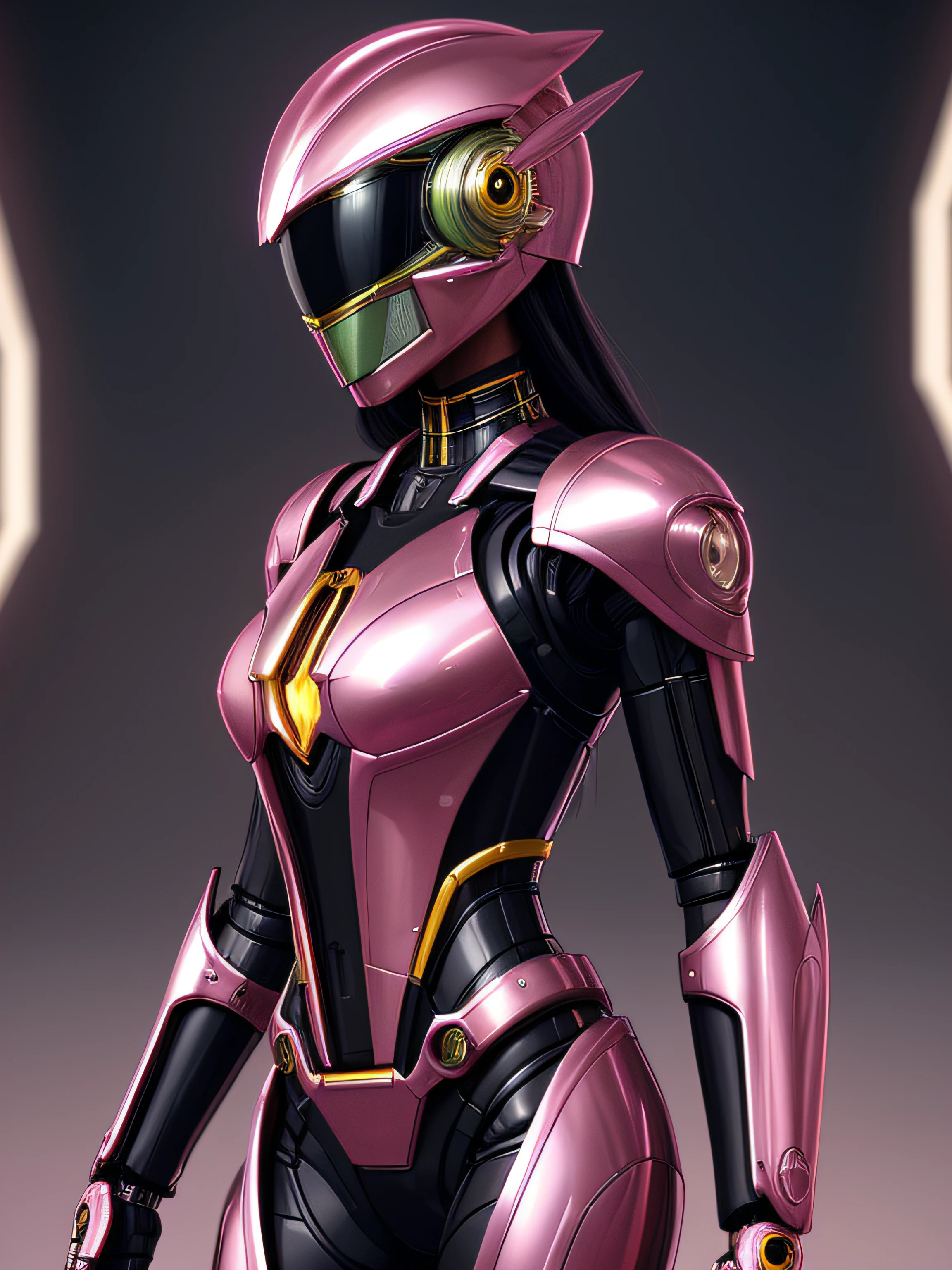 full body portrait of a beautiful black woman as a solarpunk Pink chrome, yellow chrome mecha humanoid, ((with kamen rider cybernetic helmet)) sharp focus, digital art, concept art, fantasy, intricate, elegant, highly detailed, digital painting, artstation, concept art, matte, sharp focus, illustration, art by artgerm and greg rutkowski and alphonse mucha