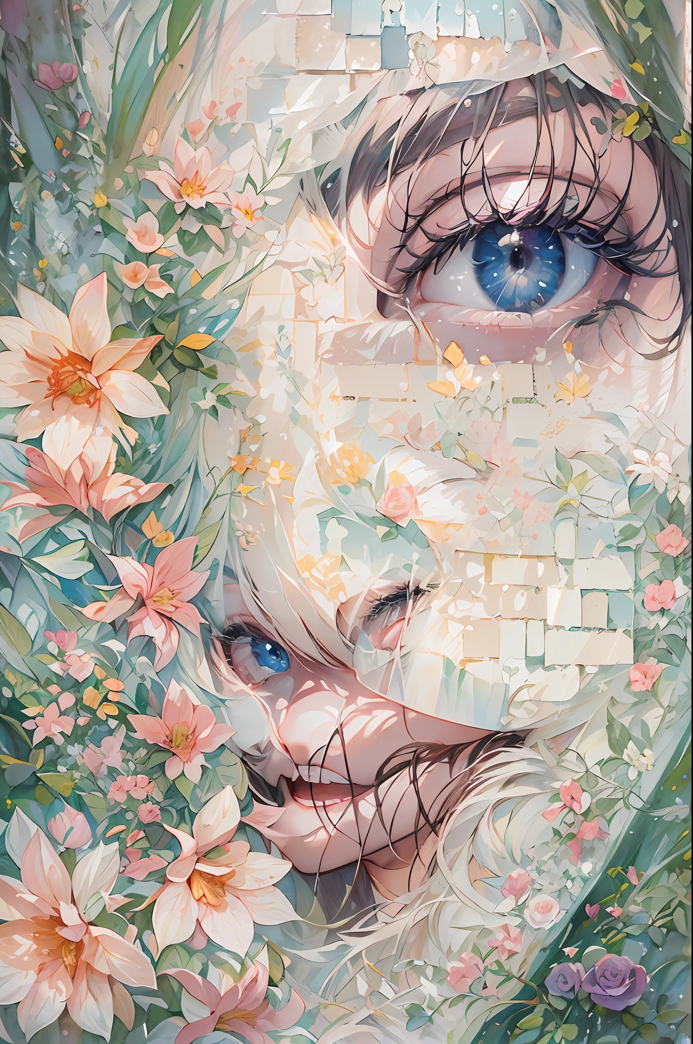 A mysterious mosaic work in which photographs and paintings are combined to create a single woman. A woman kissing a single flower is expressed by combining multiple photographs and paintings. Each of the photographs and paintings is small.effect///fluffy pastel colors.Fine brush, rough, detailed watercolor, soft and fantastic, pastel, fluffy, (extremely fine and beautiful), (perfect details)、(pastel color),Soft texture:1.2.(Mastepiece, Best Quality), (finely detailed beautiful eye), (finely detailed eyes and detailed face),The tones are also visibly luminous.Pale blurred outline