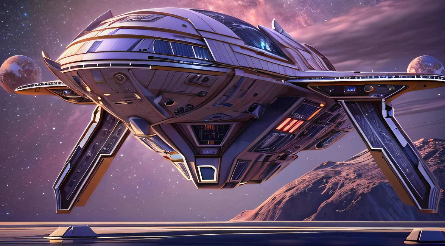 Starship,Random shape,The future is full of technology,Complex symmetrical structure,Ultra-detailed graphics,LED lights flashing,(Starships have a strong metallic sheen:1.3),Cockpit exterior,Close-up of medium and near,Silvertone,Streamlined,space scene:1.3,(((Fly through the universe,Earth background:1.3))),rendering by octane,Ultra photo realsisim,hyper realisitc,A masterpiece of science fiction,Cinematic texture,hyper photorealism,Premium wallpapers,Master masterpieces,offical wallpaper.(Screen Living:1.3),3D,C4D, --v6