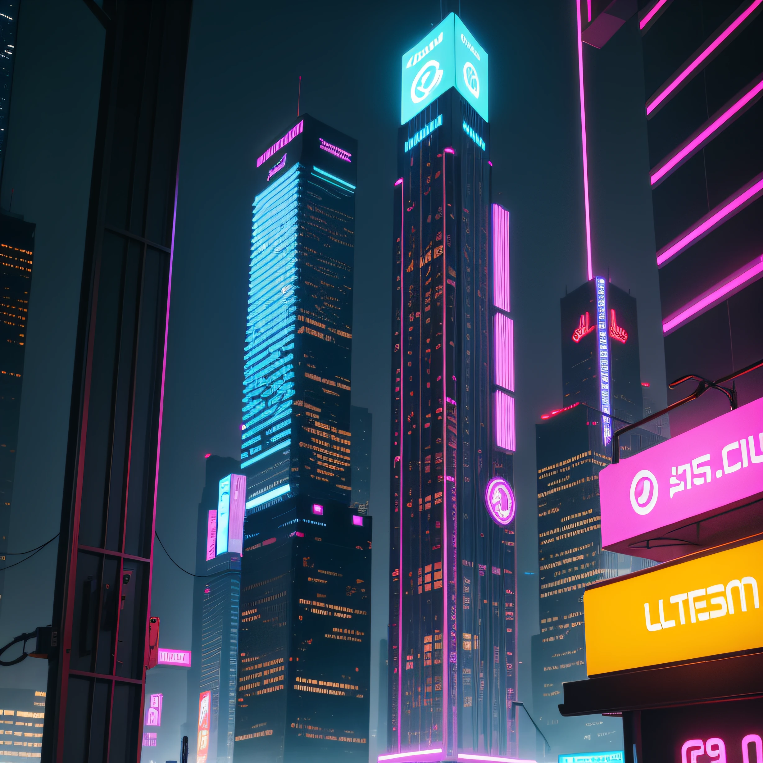 Vibrant, eye-catching neon signs on futuristic buildings and skyscrapers, lente 90 mm