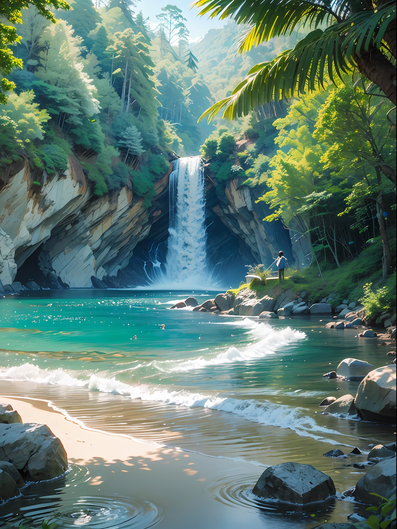 Um lugar sereno, very pleasant, lindo, dia de sol, calor, 夏天, calmo e com belo paisagismo. Dois coelhinhos brancos, penugens leves e delicadas, pequenos , delicados identicos, fofos, filhotes, perto do rio, fotorrealista, 8k uhd, studio quality, ultra realista, maximum detail, grande escala, ultra-detailed post-processing drawing, fotografia, detalhado, cinematic lighthing, paisagem, panorama, scenecy, ray tracing, cinema4d, imagem de 16 por 9 --auto --s2