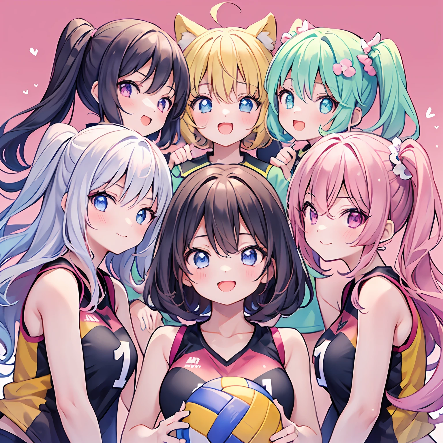 masterpiece, (2girls and 2girls and 2girls and 2girls as a volleyball team), idol, big eyes, kawaiitech, kawaii, cute, pastel colors, best quality, happy, deep background, symmetrical, tilted head, summer