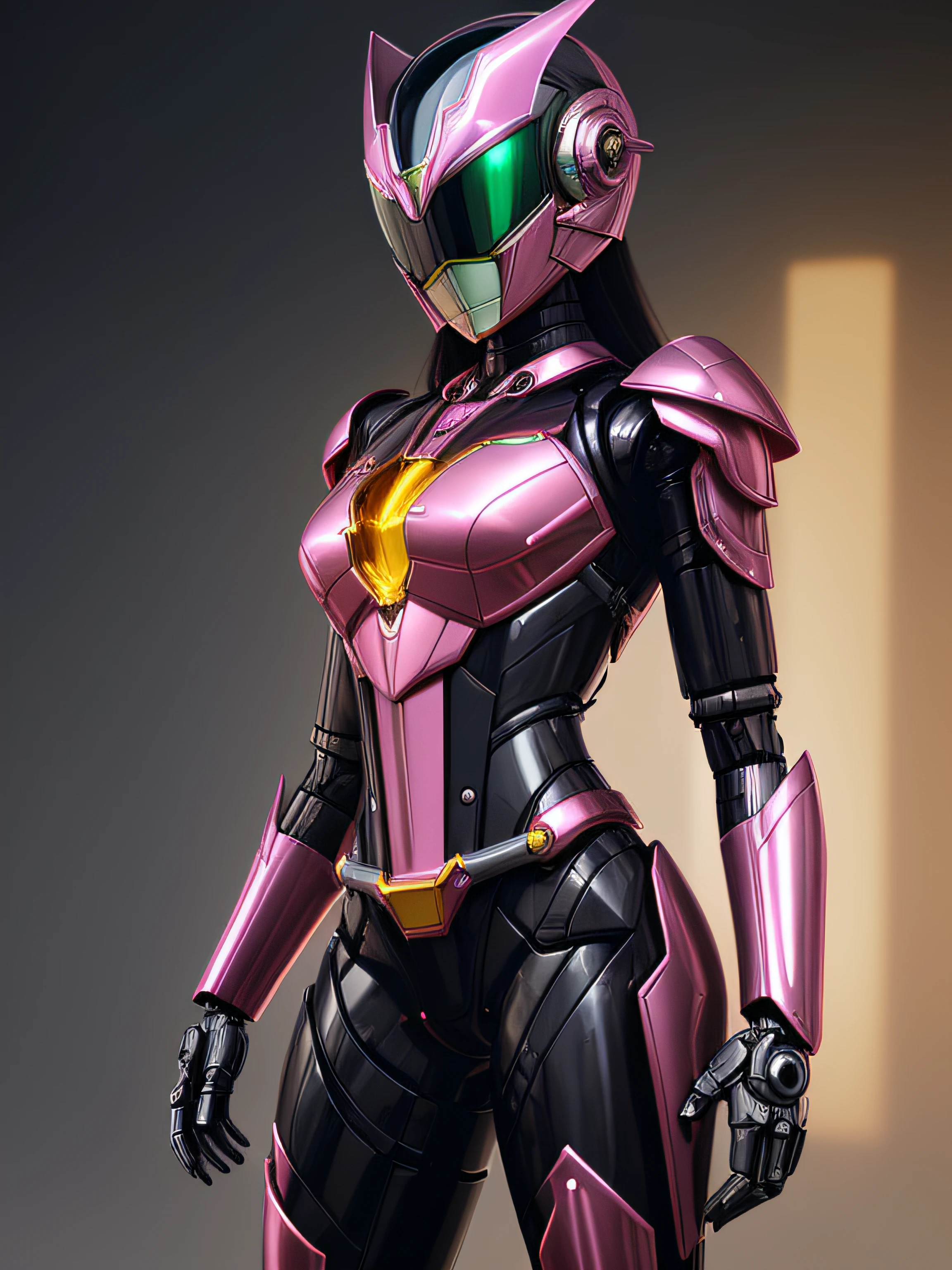full body portrait of a beautiful black woman as a solarpunk Pink chrome, yellow chrome mecha humanoid, ((with kamen rider cybernetic helmet)) sharp focus, digital art, concept art, fantasy, intricate, elegant, highly detailed, digital painting, artstation, concept art, matte, sharp focus, illustration, art by artgerm and greg rutkowski and alphonse mucha