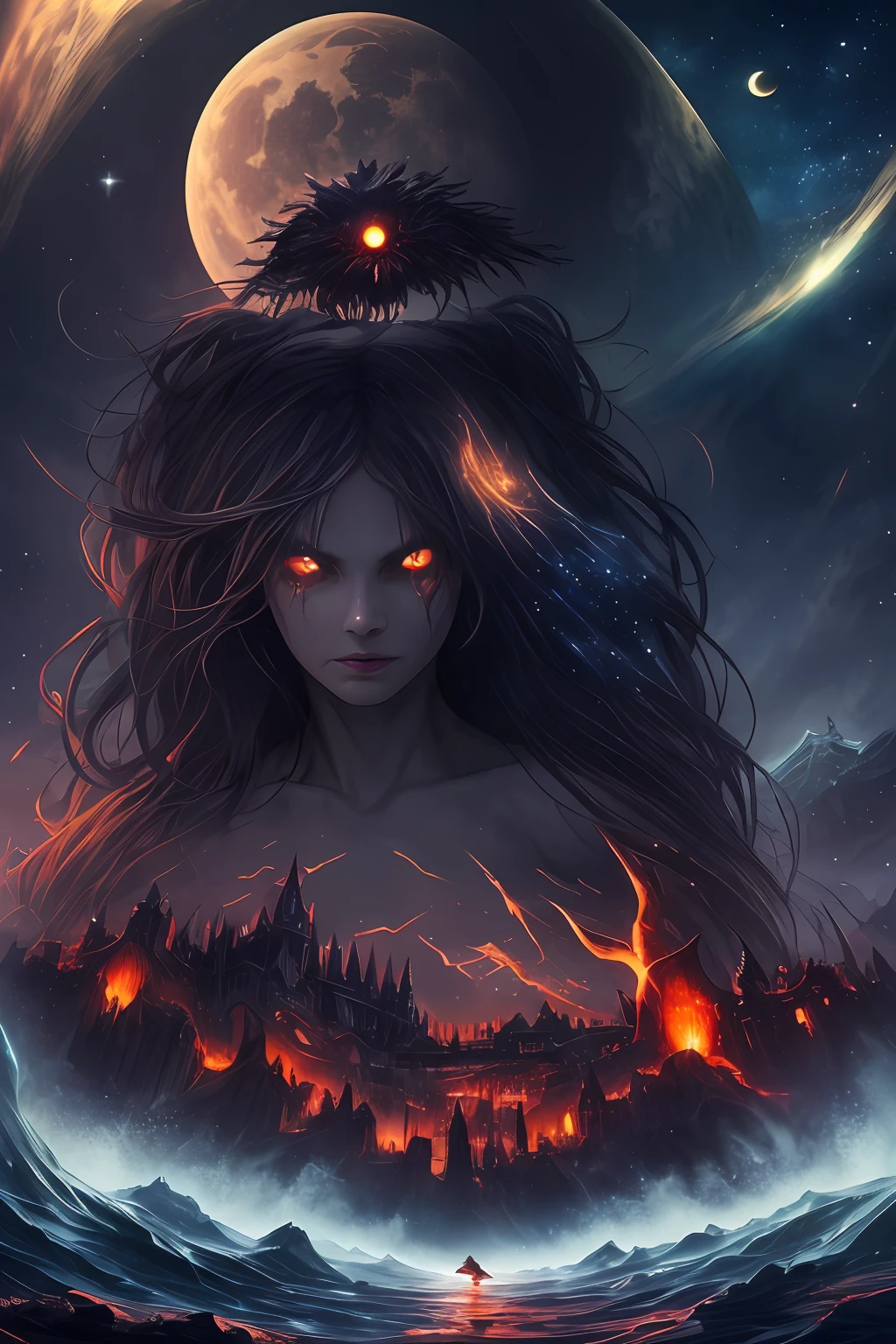 (extremely detailed 8K wallpaper), Photo in the middle of the frame ,good hypnosis, God of nightmares, Beautiful sinister youth, Youth, full length, suntanned skin, black curly hair, Long red shroud, A world of nightmares, The world of terrible dreams, Portals to people's nightmares, Shards of Fear Shards, Rivers of Blood, Frightening rivers, Endless night sky, Huge eyes of unknown creatures, fantasy world, nightmare, Horror landscape, Horror, Dark Fantasy, gotik, full - body, Eyes of detail, Fantastic view, Landscapes of the world of dreams