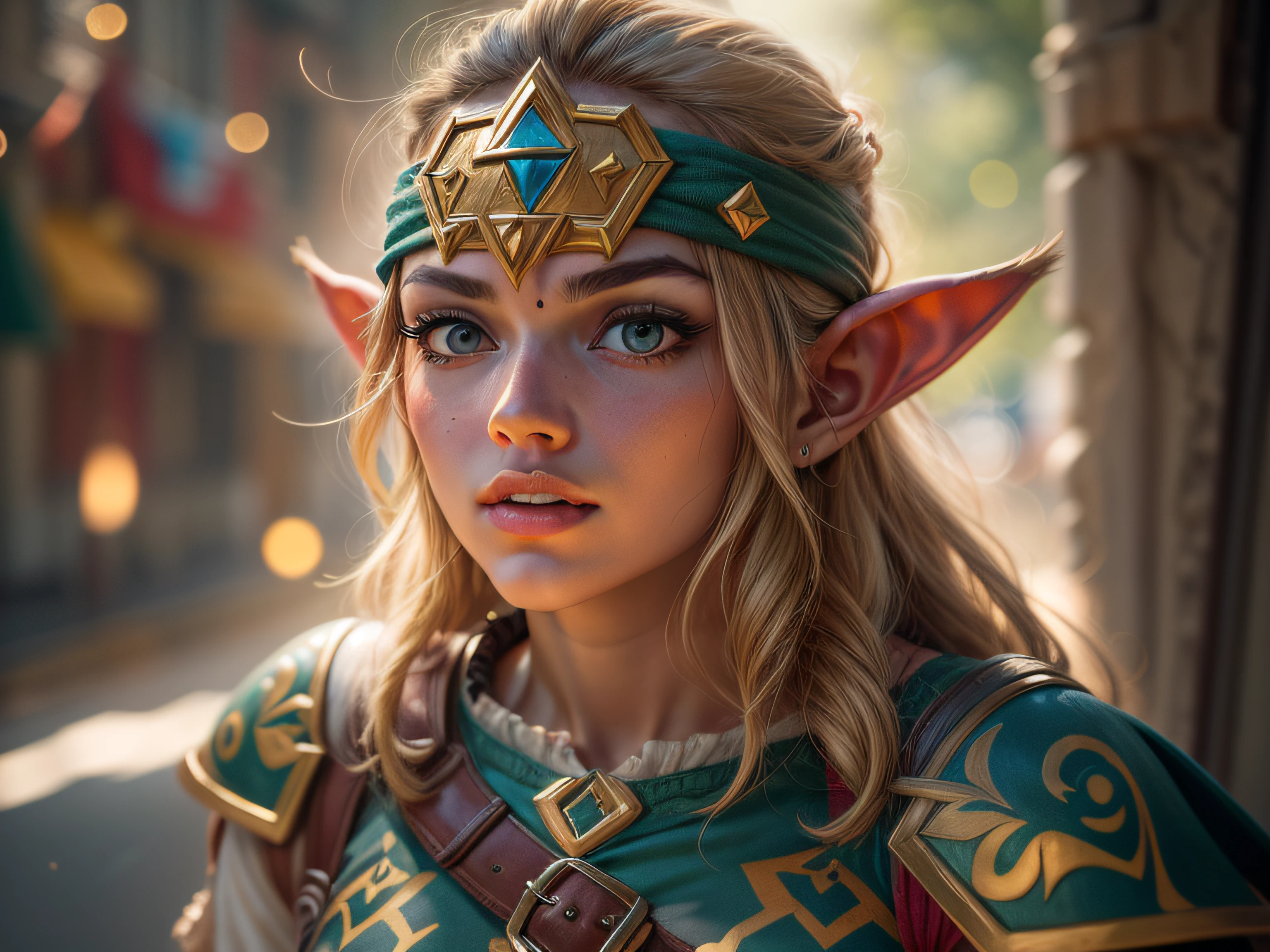 Close em Link de the legend of zelda em roupa azul e bege segurando em poses de combate como em street fighter, Zelda, Retrato de Zelda, de lenda de Zelda, Link da lenda de Zelda, link do Zelda, Fotos cosplay, Cosplay ornamentado, Cosplay profissional, Cosplay, Cosplay Completo, Artgerm Moody Fotografia, Campos Hyrule, ray-traced, 3D-rendering, extremanente detalhado, alta qualidade, luz e sombra realistas, cabelos loiros, eye reflection, sorriso leve, ray tracing, ray tracing, High detail, Realismo, hiper-realismo, profundidade de campo, Cinematic lighting, desfoque de movimento, brilho, luz brilhante, raios de deus, ray tracing, reflection light, Afterimage, Multiple views, Reflexo da lente, Bokeh, 4k, UHD, master part, anatomicamente correto, pele texturizada, super detalhe, alta qualidade, best quality, 8k