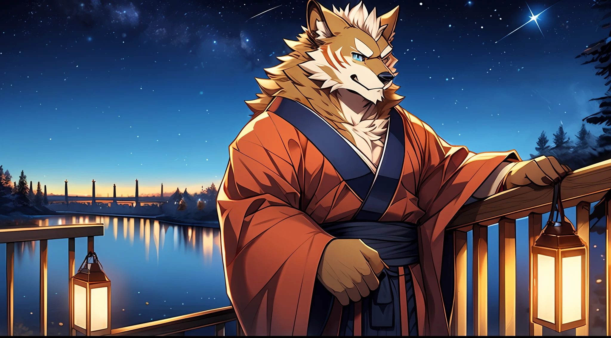 （A golden werewolf with golden fur and glasses standing on a city street under the stars at night：1.2），（male people），Azure pupils，Look at the river of stars in the distance，the corners of your mouth rise slightly，He wears blue ancient Japanese clothing，is an astrologer，He is very fond of astrology，Has a deep love for the stars，He has several dark red stripes on his cheeks，extremy detailed，detailedbackground，Extremely beautiful starry sky background extremely detailed，starrysky，由Null-Ghost:0.7 brought，Handsome，sbeard ，natta， Lanterns， Festive atmosphere， Outdoor activities， （depth of fields）， Beautiful and beautiful，komono，white sash，Cherry blossom leaves，tmasterpiece，VerydetailedCG，（Wear glasses），Correct end-of-line construction，Leaning against the railing，correct hand，Extend your right hand forward，Strong，white loincloth，Middle Age，A majestic，Savage，self-assured，Strong，Looking Up The Sky，From a high angle，Winters，nevando，The upper body is exposed，