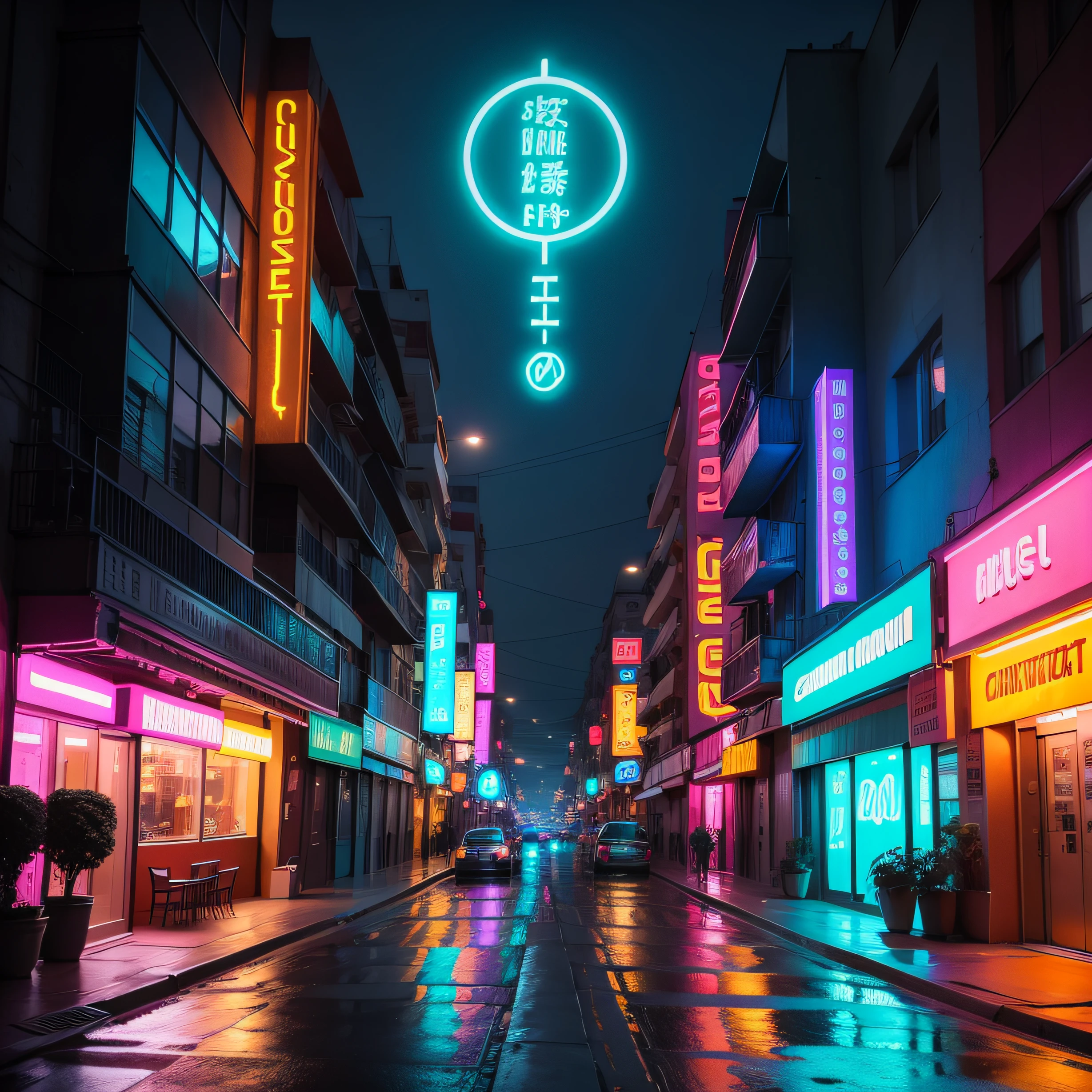 Street with vibrant, eye-catching neon signs, con edificios y rascacielos futuristas, camara con lente 90 mm
