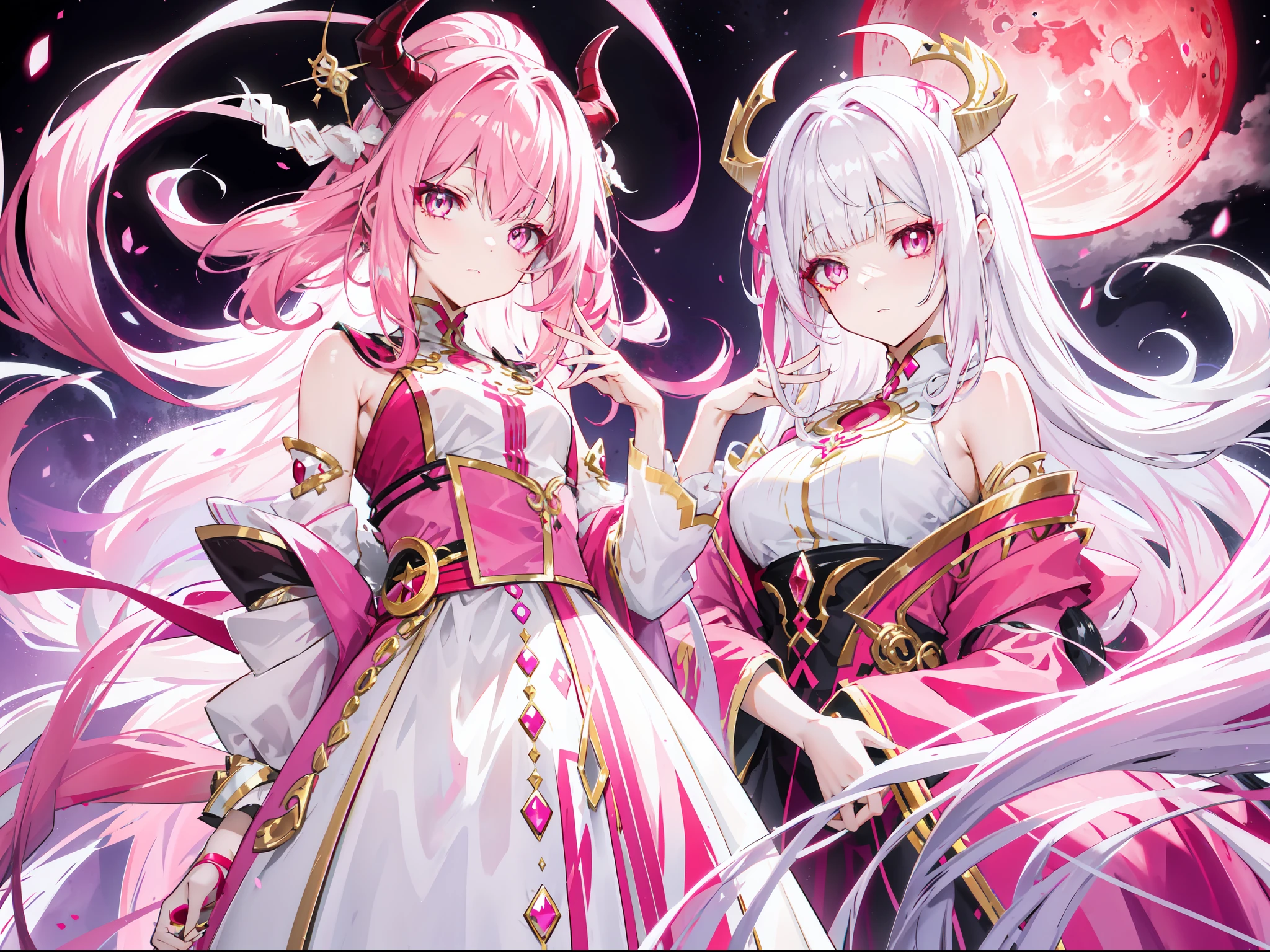 "Generate one mixed haired girl with hair gradation white and pink with exquisite blood moon-shaped accessories adorning her head. One side her eyes are dark purple, but one side is shining gold. She embodies the perfect blend of angelic and devilish qualities."