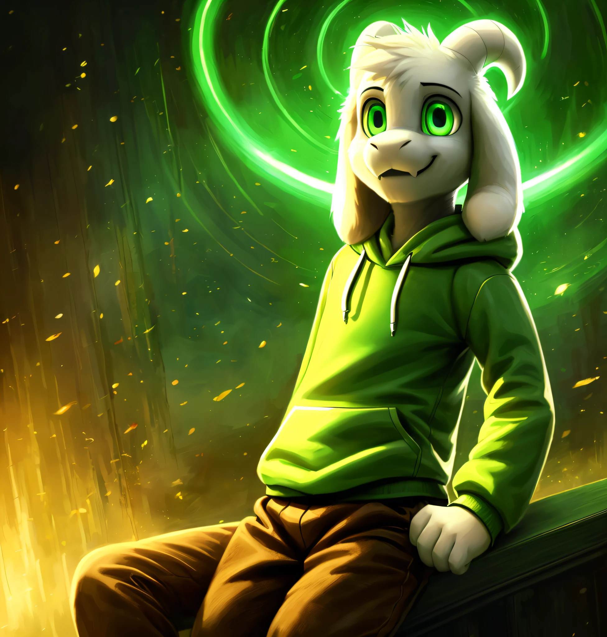 1boy,(( )), green t-shirt, pants, solo,, , sit, backlit, horns, artistic composition, a steampunk halo, dramatic, dynamic pose, smiling, happy, great composition, adorable, (green-yellow stripe hoodie, brown pants), (best quality, ultra-detailed, best illustration, masterpiece, high res, professional artwork, famous artwork), realistic paint, (insane detailed eyes, green shine eyes), white fur, detailed realistic painting, male, detailed white fur, asriel, portrait, detailed hands, shaded, four fingers, insane details, looking forward, cartoon, cute