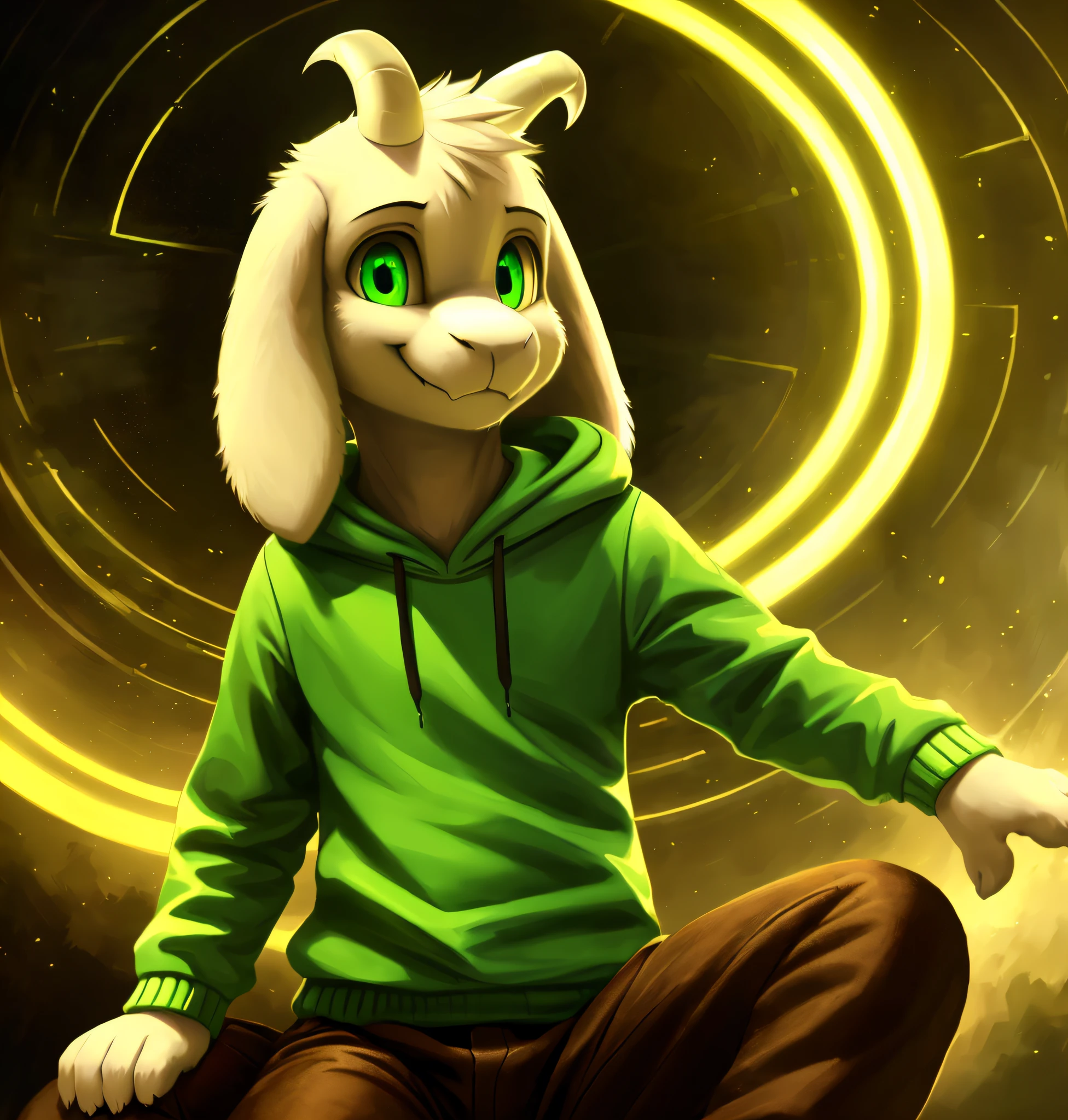 1boy,(( )), green t-shirt, pants, solo,, teen, sit, backlit, horns, artistic composition, a steampunk halo, dramatic, dynamic pose, smiling, happy, great composition, adorable, (green-yellow stripe hoodie, brown pants), (best quality, ultra-detailed, best illustration, masterpiece, high res, professional artwork, famous artwork), realistic paint, (insane detailed eyes, green shine eyes), white fur, detailed realistic painting, male, detailed white fur, asriel, portrait, detailed hands, shaded, four fingers, insane details, looking forward, cartoon, cute