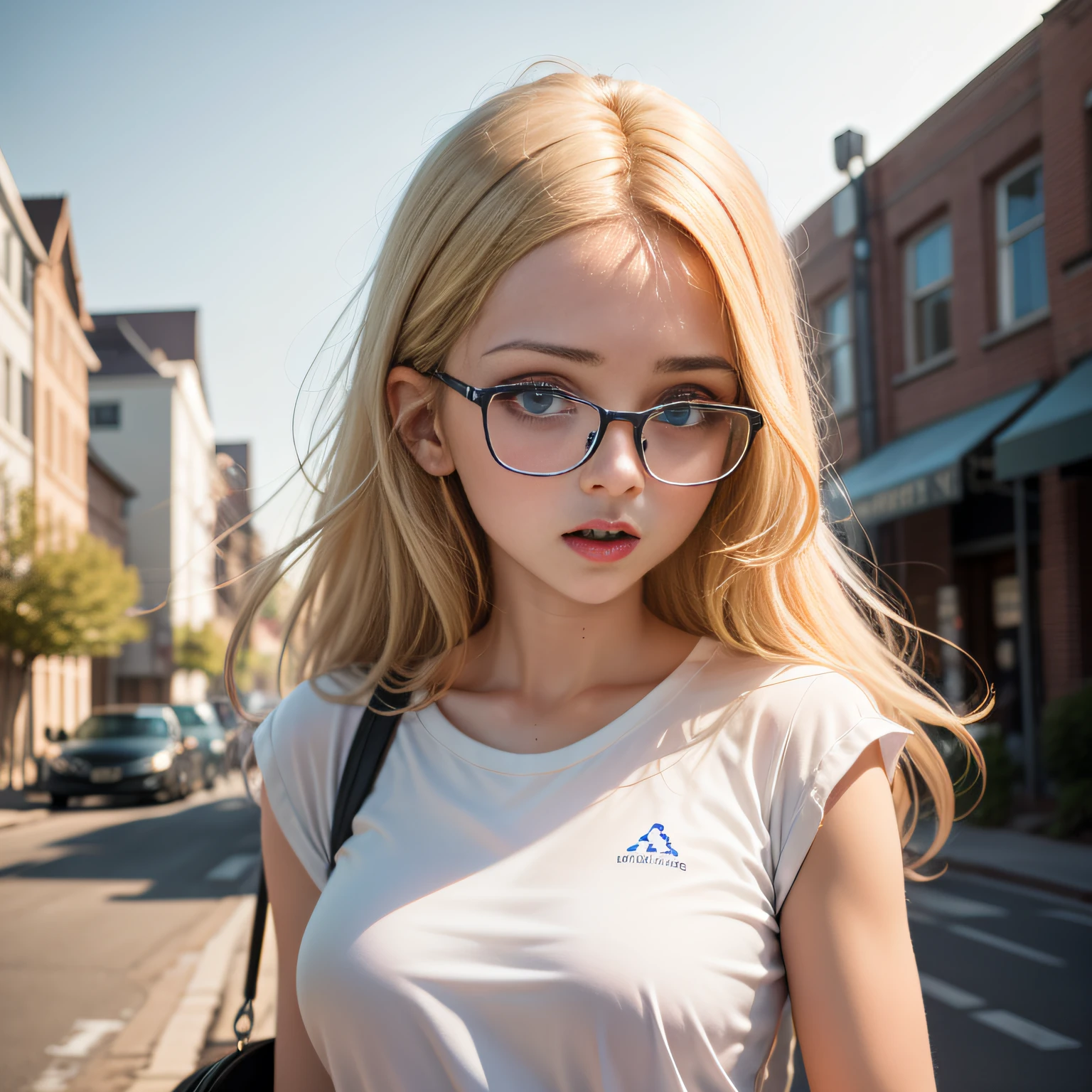 Blonde haired girl，with glasses，expression surprised，white  shirt，Have on the street，There are cars around，The sky is white，quadratic element，School flowers，Gentle sweet girl