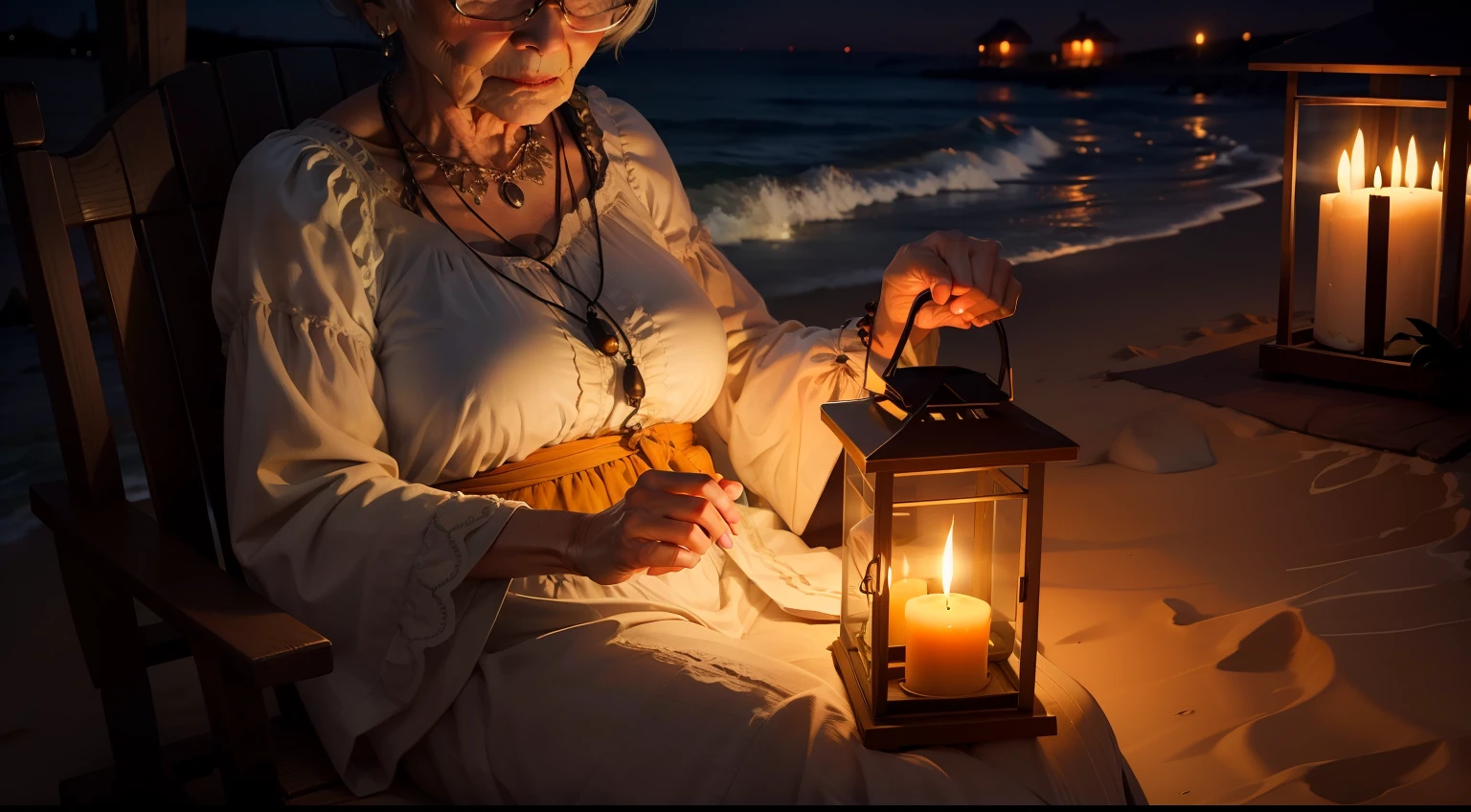 old woman holding a candle lantern at beach night