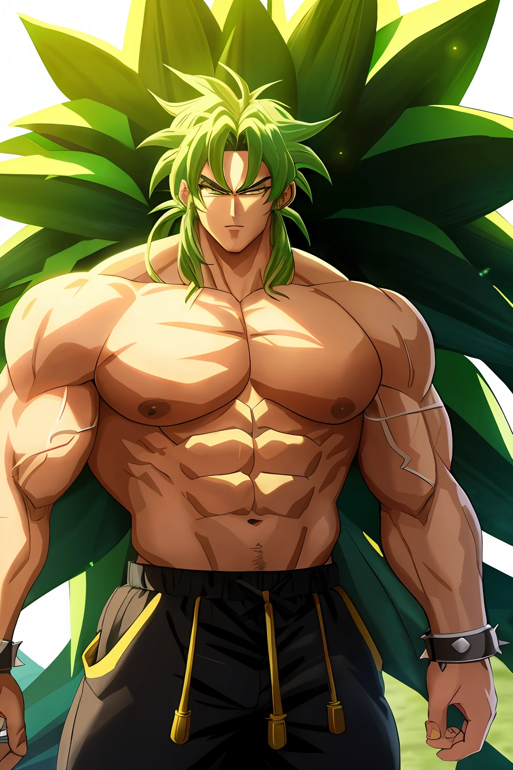 broly, legendary super saiyan, green hair, spiky hair, white eyes, huge muscular, tall, black bracelets, huge, 350 lbs.