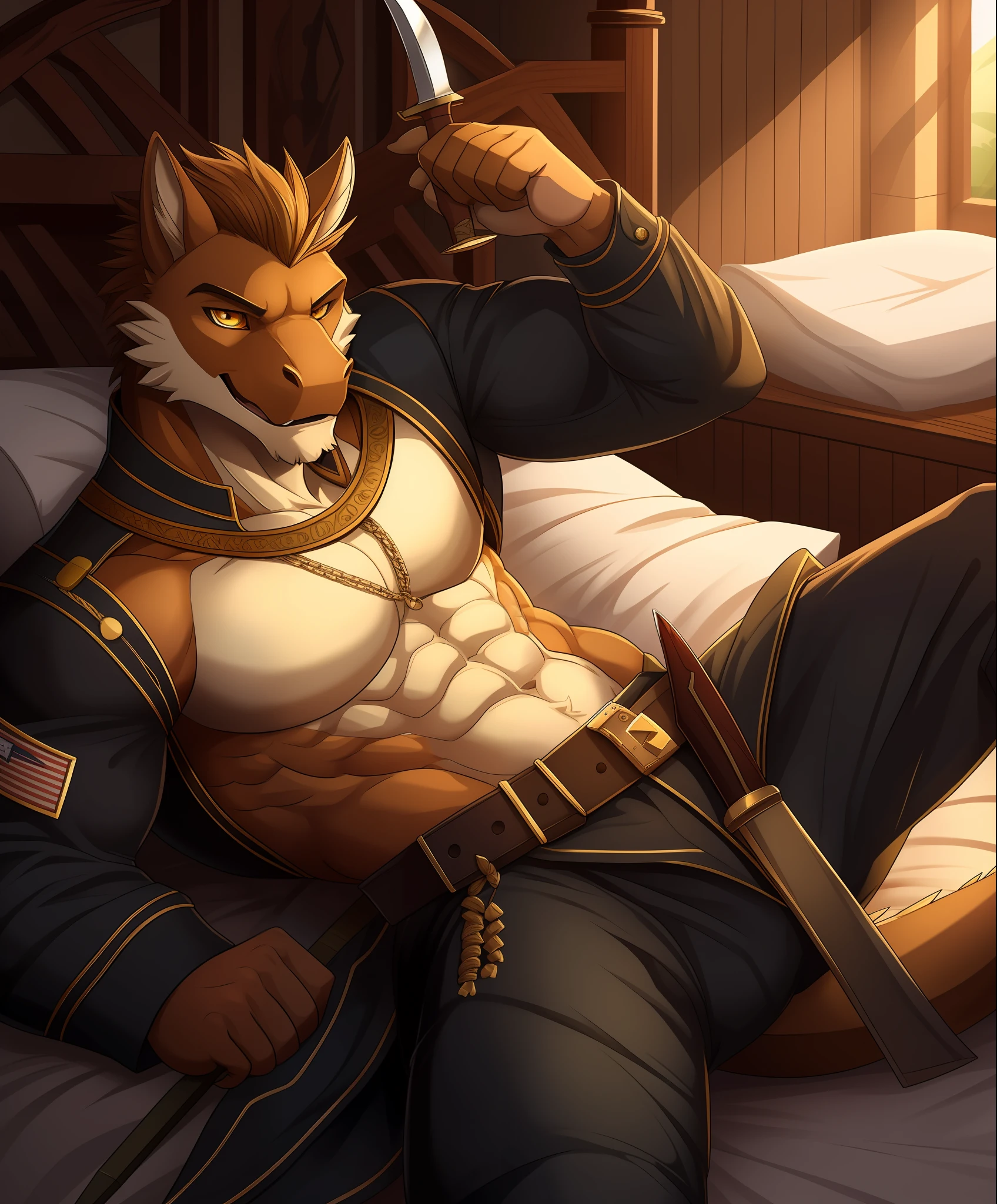 Black Western Dragon(the whole),23years old,fit and muscular body,Bright golden eyes,The expression is domineering and majestic,Rigorous character,Wearing a mercenary uniform,Laurel,Wear a military dagger,Lie down in bed,is handsome and charming
