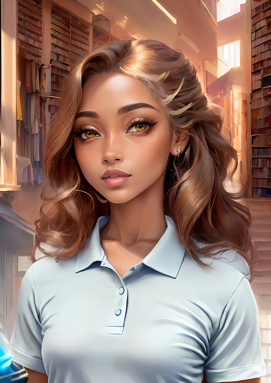 rosto de uma mulher de 35 anos, olhos castanhos lindos, pele morena canela mulher altamente detalhada, FreckledVixon, Cacau, com estilo moderno, luz radiante, motor irreal, medium length light brown combed in layers, olhos castanho claro, estilo anime Vintage 90,,cores, arte de linha.