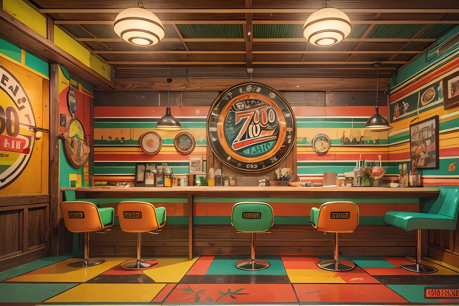 "70s inspired retro burger interior with vibrant colors, original patterns and nostalgic decor", highest quality, amazing details, 8k,