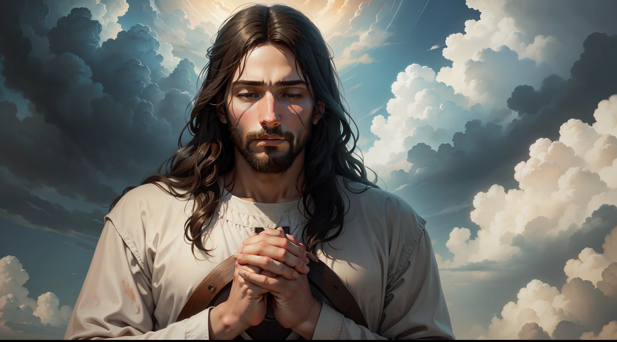 [a realistic painting of Jesus with his hands in a praying position amid the clouds of heaven]