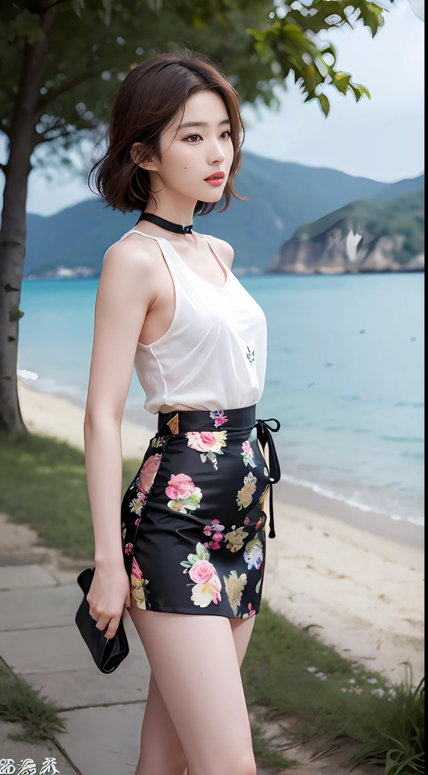 NSFW, 8K Raw photograph, best qualtiy, tmasterpiece, 超高分辨率, filmgrain, cinematic ligh, 1girll, looking at viewert, Natural skin texture, Realistic Eyes and Face Details, full pouty lips, lipsticks, (putting makeup on), Red eyeshadow, Short fluffy hair, messy hair, ssmile, Rejoice, beautifullegs, Tall women, being thin, Slim_Legs, 独奏, Brustwarzen, Pose with your hips facing you, Mini print silk skirt, hindquarters, Beautiful natural location, Location of flowers around, (detailedbackground) , Show a little through the shirt, Footwear, vague background, bblurry, halter,, short- sleeved, The ribbon is around the neck, JK ribbon, brown hair, bangle, Eau, By bangs, jewely, parted lip, cparted lips, From the side Side, Printed silk skirt, depth of fields,beachside,zona rural,Printed silk suspenders,are standing,