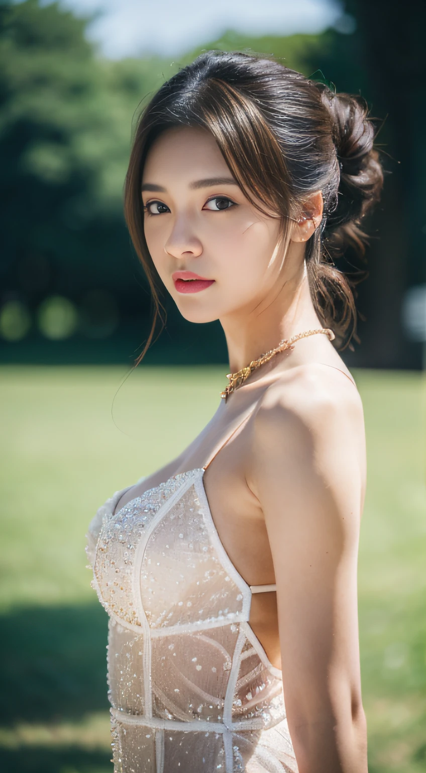 ((Realistic lighting, masutepiece: 1.3)), (Raw photo:1.2), Hyperrealist portrait gorgeous beautiful mature woman, 25 years old, beutiful breast, Perfect body, ((White smooth skin: 1.6)), ((wearing luxury dress), (Luxury Jewelry)), Beautiful greedy eyes, Very detailed eyes and face, Attractive serious face, (Heavy makeup: 1.5), (Standing Pose), Chignon hairstyle, Best Quality, 8K, Professional Photography, Park background, Full body