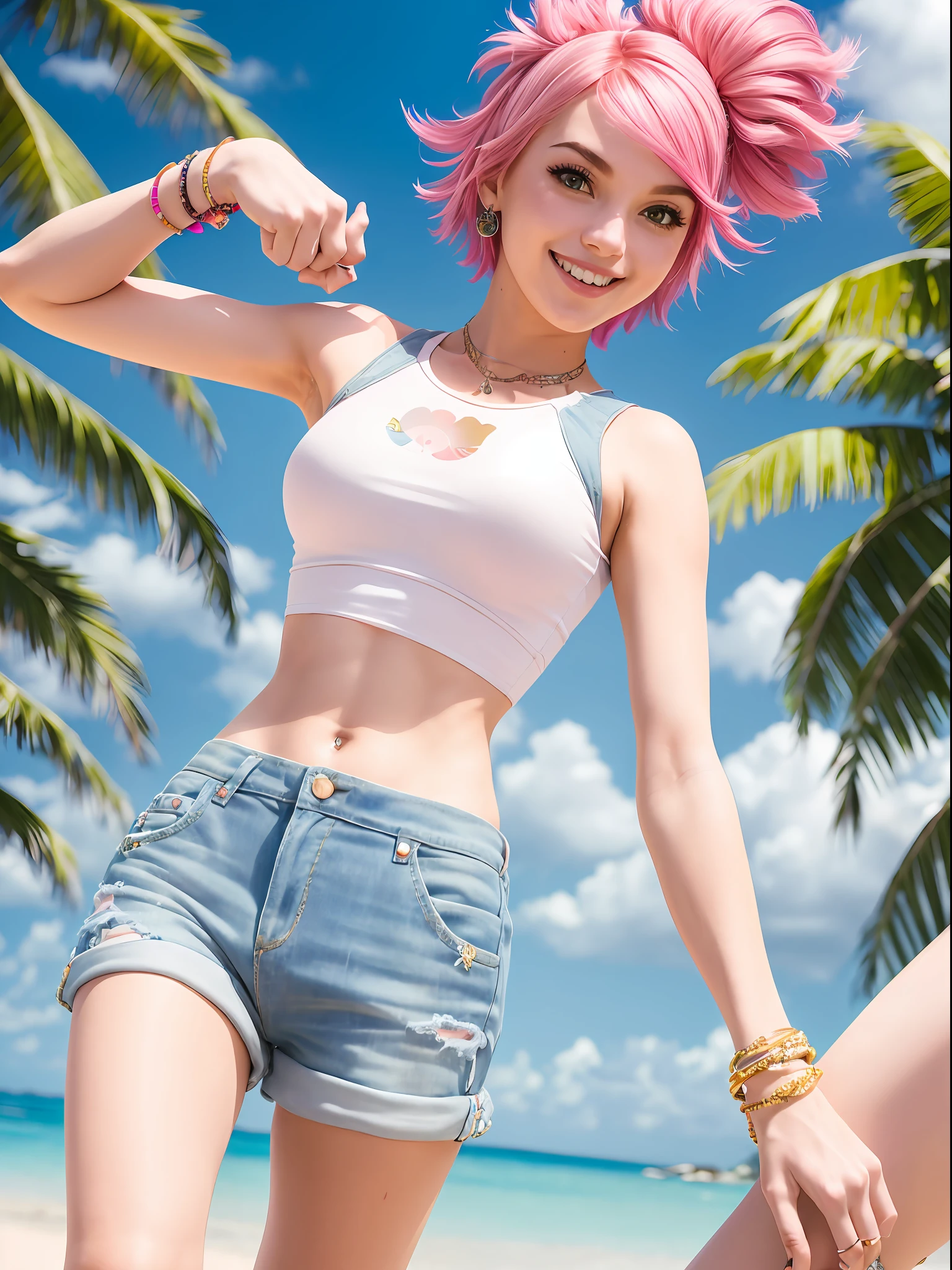 (A young hopeful woman with vibrant pink hair, striking a graceful and feminine pose) is on a tropical island, solo, happy, with a light smile, wearing a cropped white shirt and jeans.