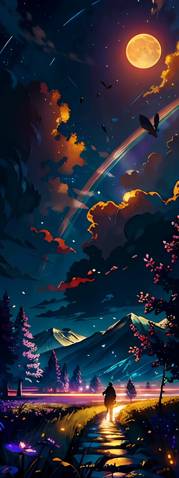 A wide landscape photo, (viewed from below, the sky is above, and the open field is below), a girl standing on a flower field looking up, (full moon: 1.2), (meteor: 0.9), (nebula: 1.3), distant mountains , Trees BREAK Crafting Art, (Warm Light: 1.2), (Firefly: 1.2), Lights, Lots of Purple and Orange, Intricate Details, Volumetric Lighting BREAK (Masterpiece: 1.2), (Best Quality), 4k, Ultra Detailed, (Dynamic Composition: 1.4), Rich in Detail and Color, (Rainbow Color: 1.2), (Glow, Atmospheric Lighting), Dreamy, Magical, (Solo: 1.2)