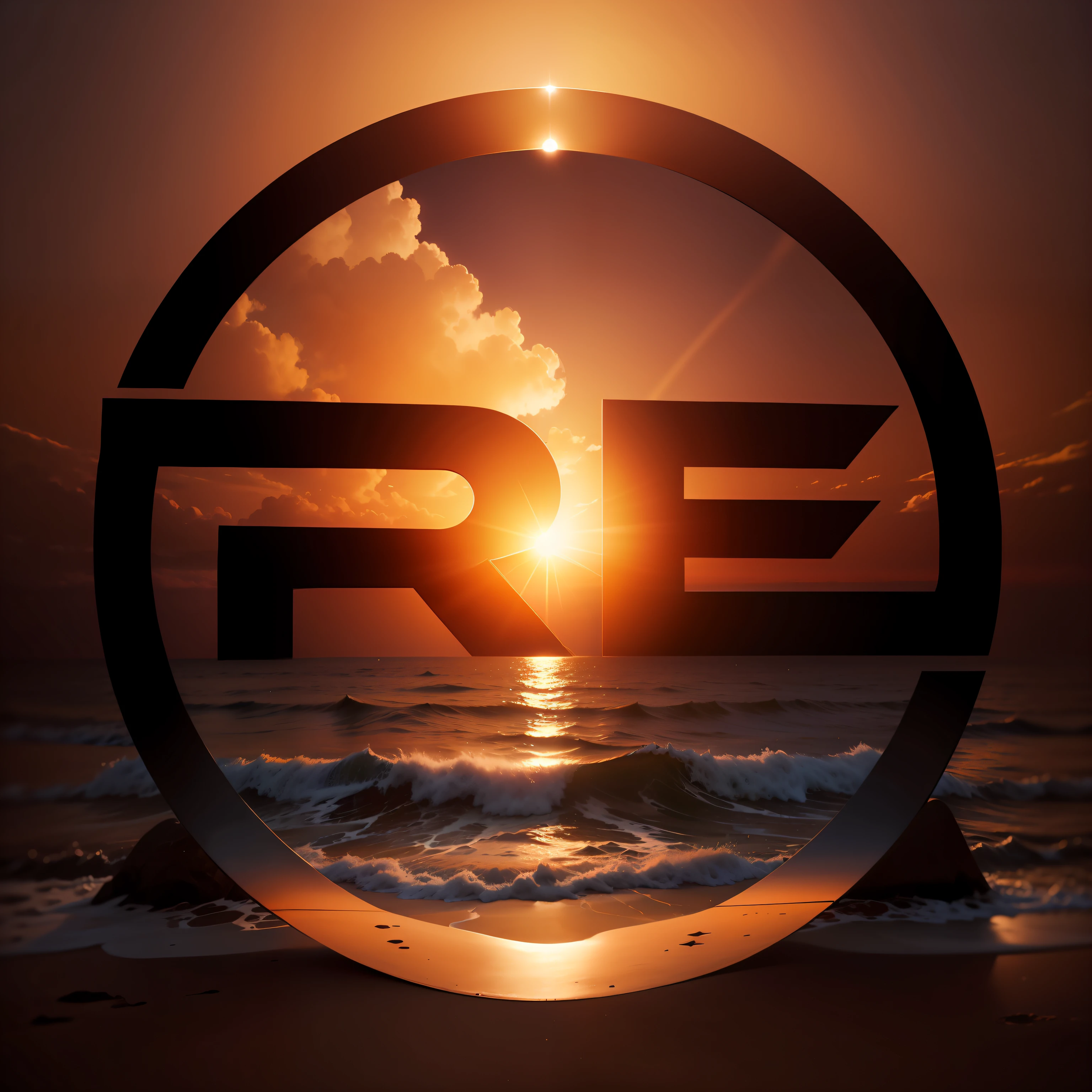 Metal logo on sand, change background to sea shore, sunset time, beautiful weather