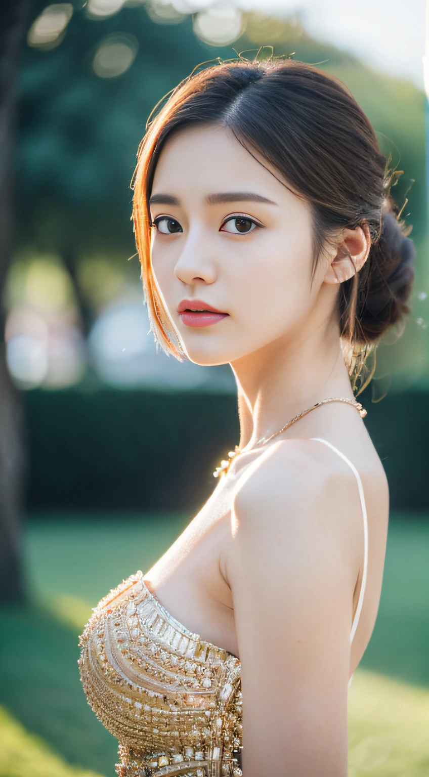 ((Realistic lighting, masutepiece: 1.3)), (Raw photo:1.2), Hyperrealist portrait gorgeous beautiful mature woman, 25 years old, beutiful breast, Perfect body, ((White smooth skin: 1.6)), ((wearing luxury dress), (Luxury Jewelry)), Beautiful greedy eyes, Very detailed eyes and face, Attractive serious face, (Heavy makeup: 1.5), (Standing Pose), Chignon hairstyle, Best Quality, 8K, Professional Photography, Park background, Full body