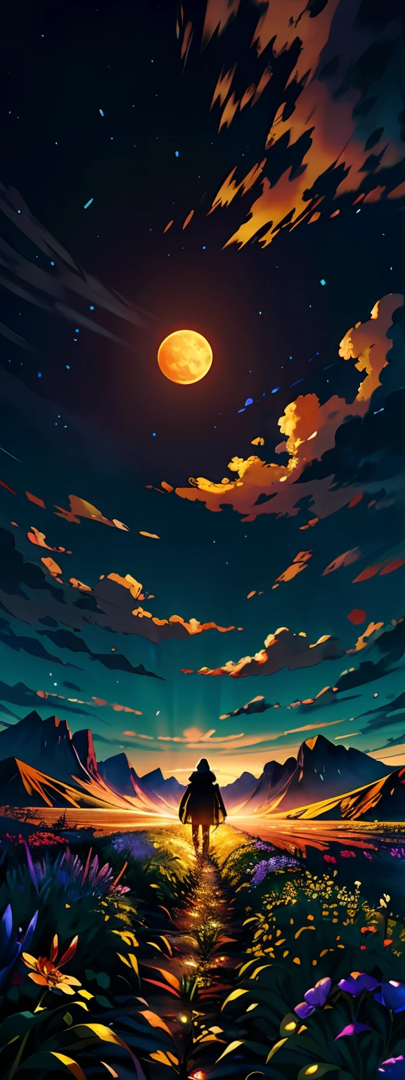 A wide landscape photo, (viewed from below, the sky is above, and the open field is below), a girl standing on a flower field looking up, (full moon: 1.2), (meteor: 0.9), (nebula: 1.3), distant mountains , Trees BREAK Crafting Art, (Warm Light: 1.2), (Firefly: 1.2), Lights, Lots of Purple and Orange, Intricate Details, Volumetric Lighting BREAK (Masterpiece: 1.2), (Best Quality), 4k, Ultra Detailed, (Dynamic Composition: 1.4), Rich in Detail and Color, (Rainbow Color: 1.2), (Glow, Atmospheric Lighting), Dreamy, Magical, (Solo: 1.2)
